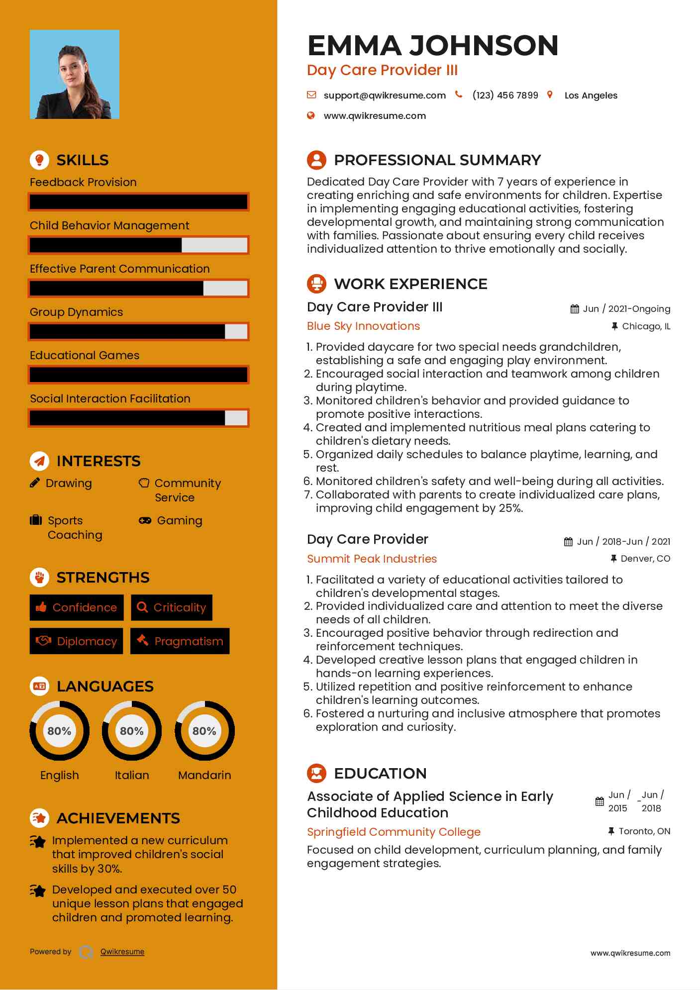 Day Care Provider III Resume Sample