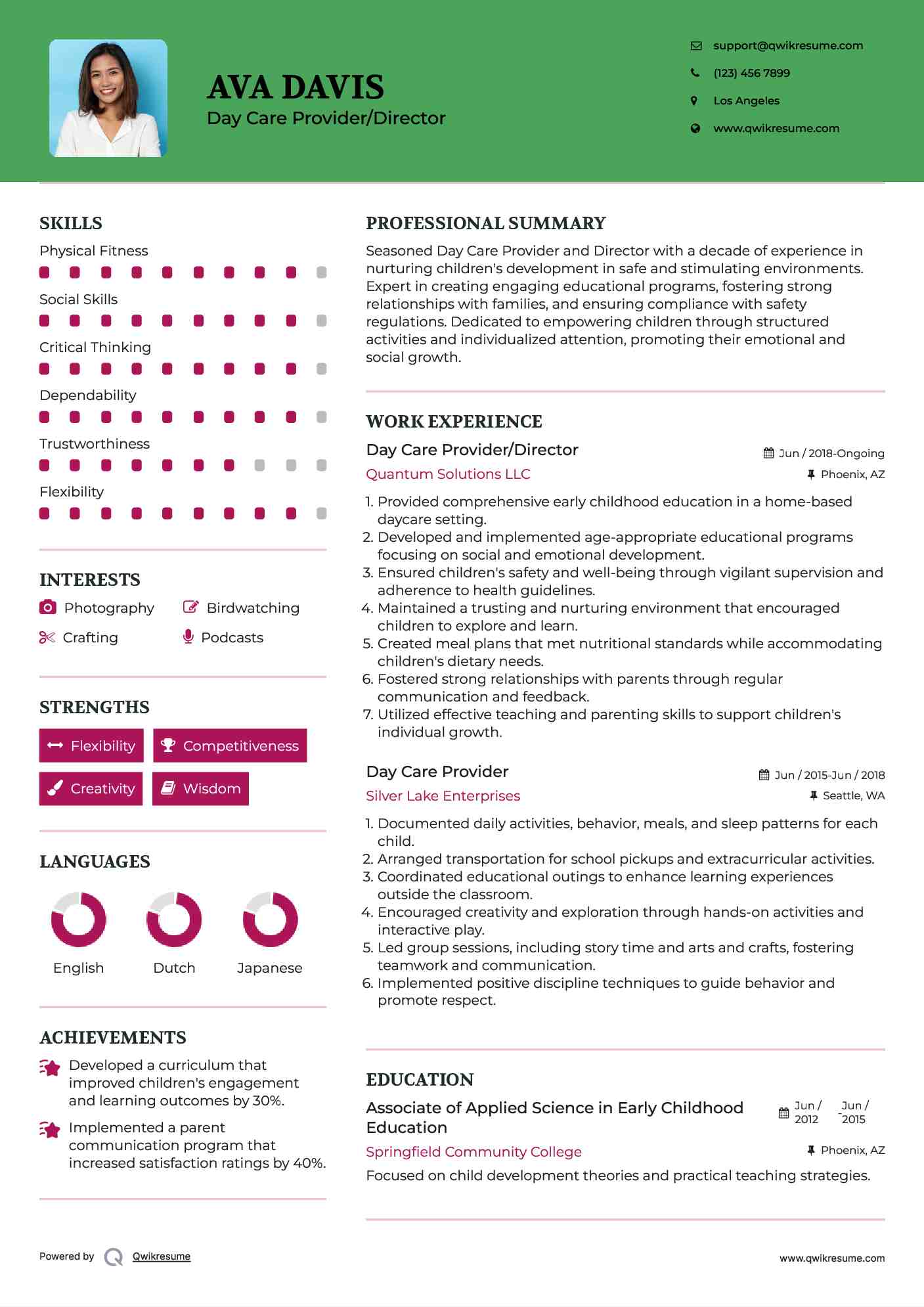 Day Care Provider/Director Resume Example