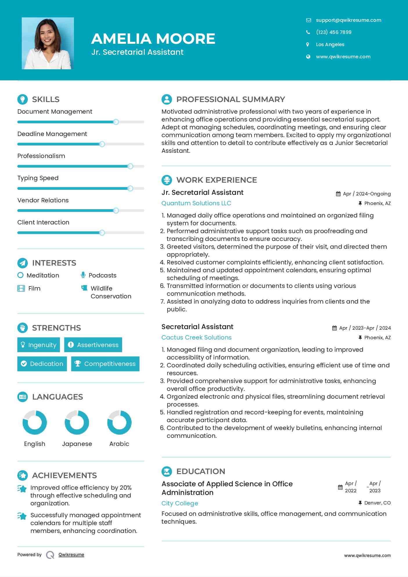 Jr. Secretarial Assistant Resume Format