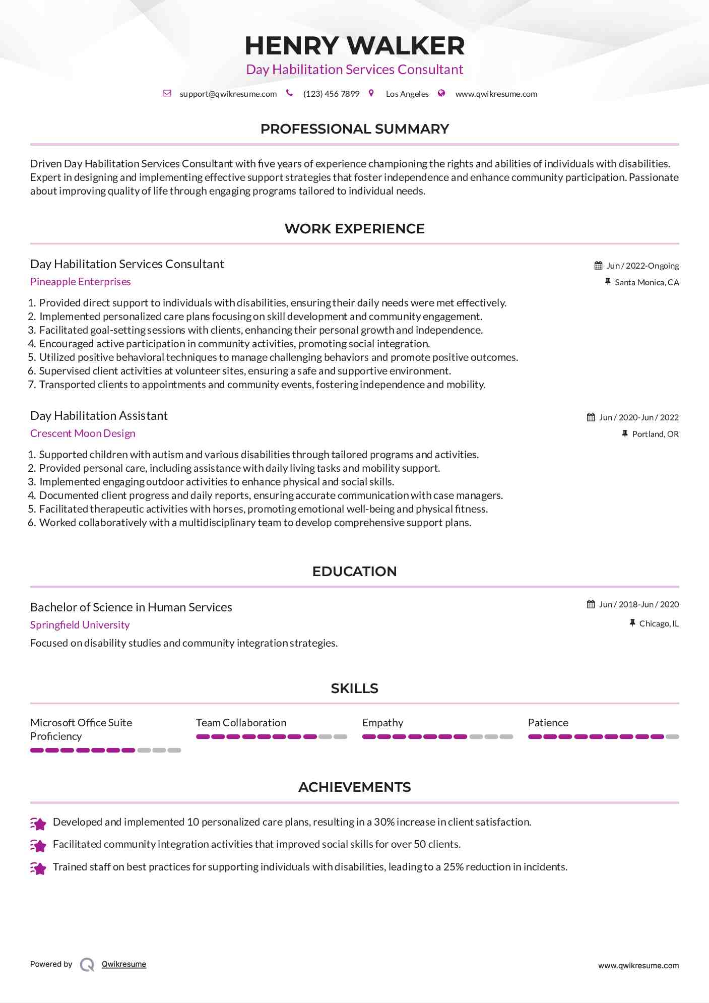 Day Habilitation Services Consultant Resume Example