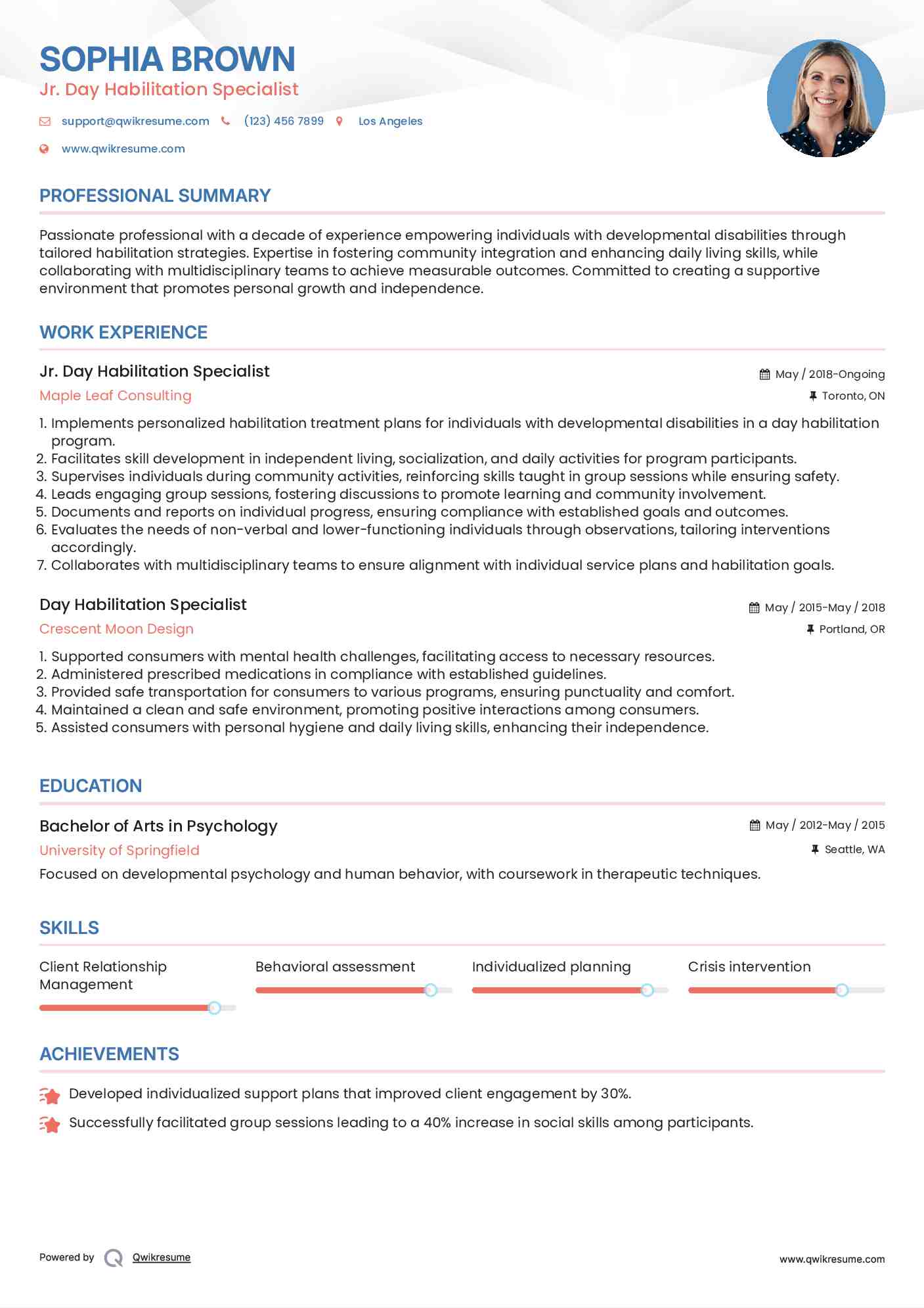 Jr. Day Habilitation Specialist Resume Example