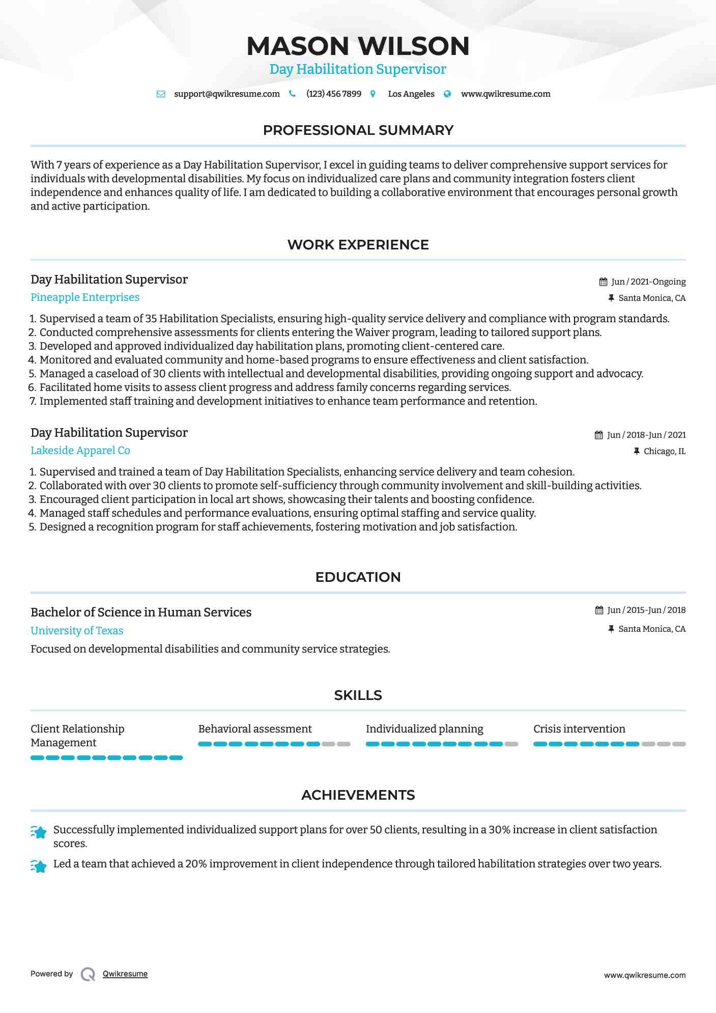 Day Habilitation Supervisor Resume Sample