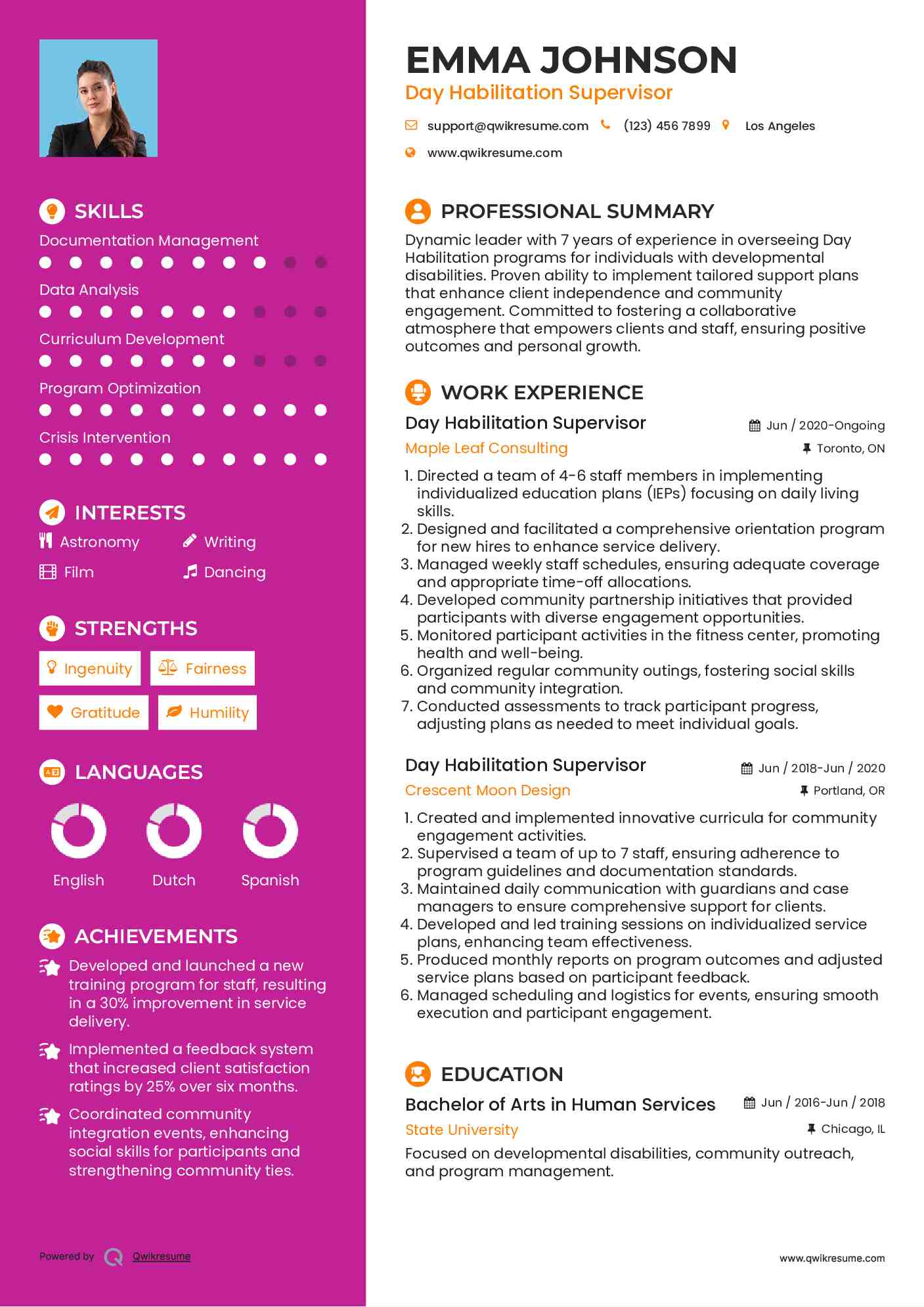 Day Habilitation Supervisor Resume Template