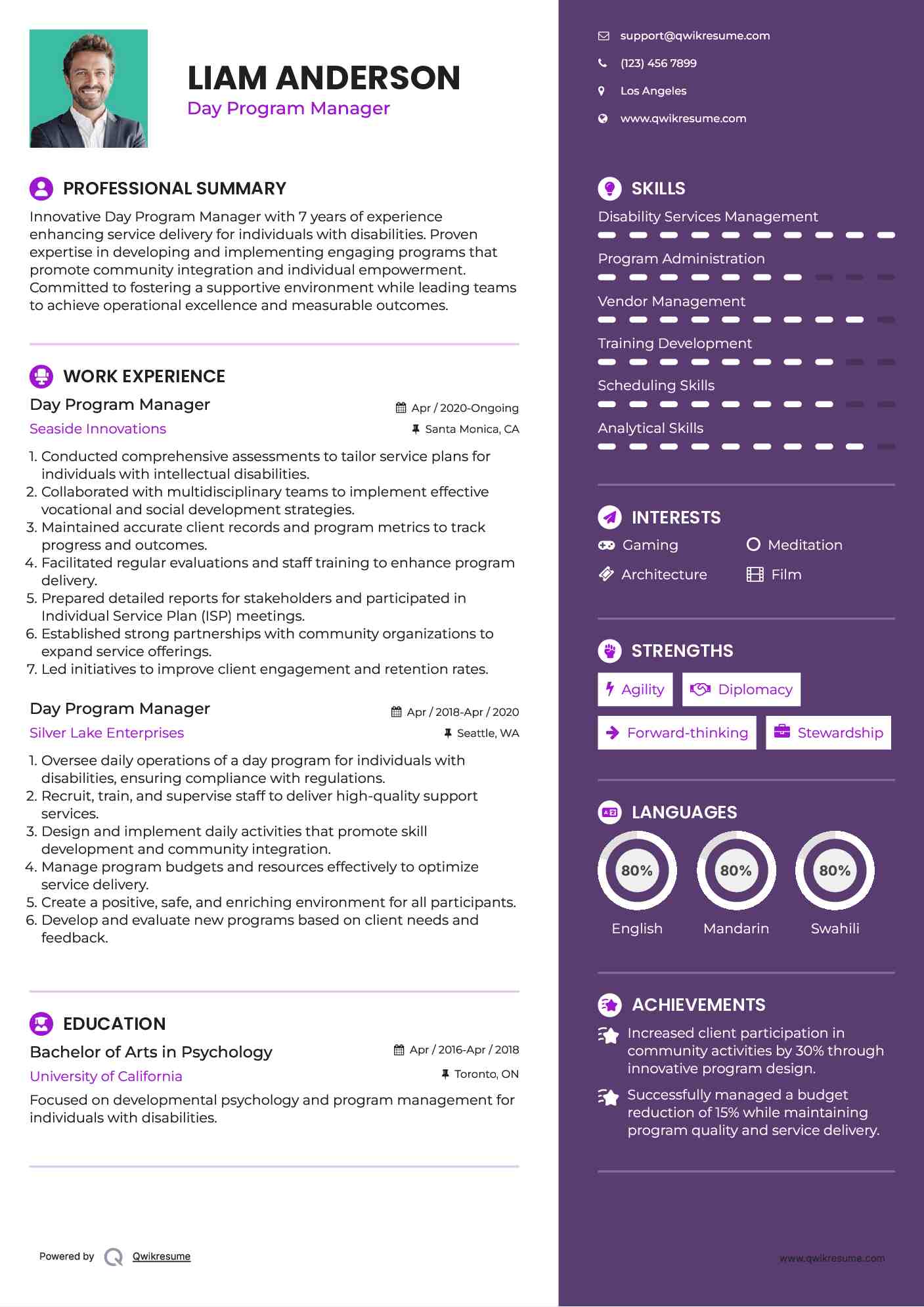Day Program Manager Resume Example