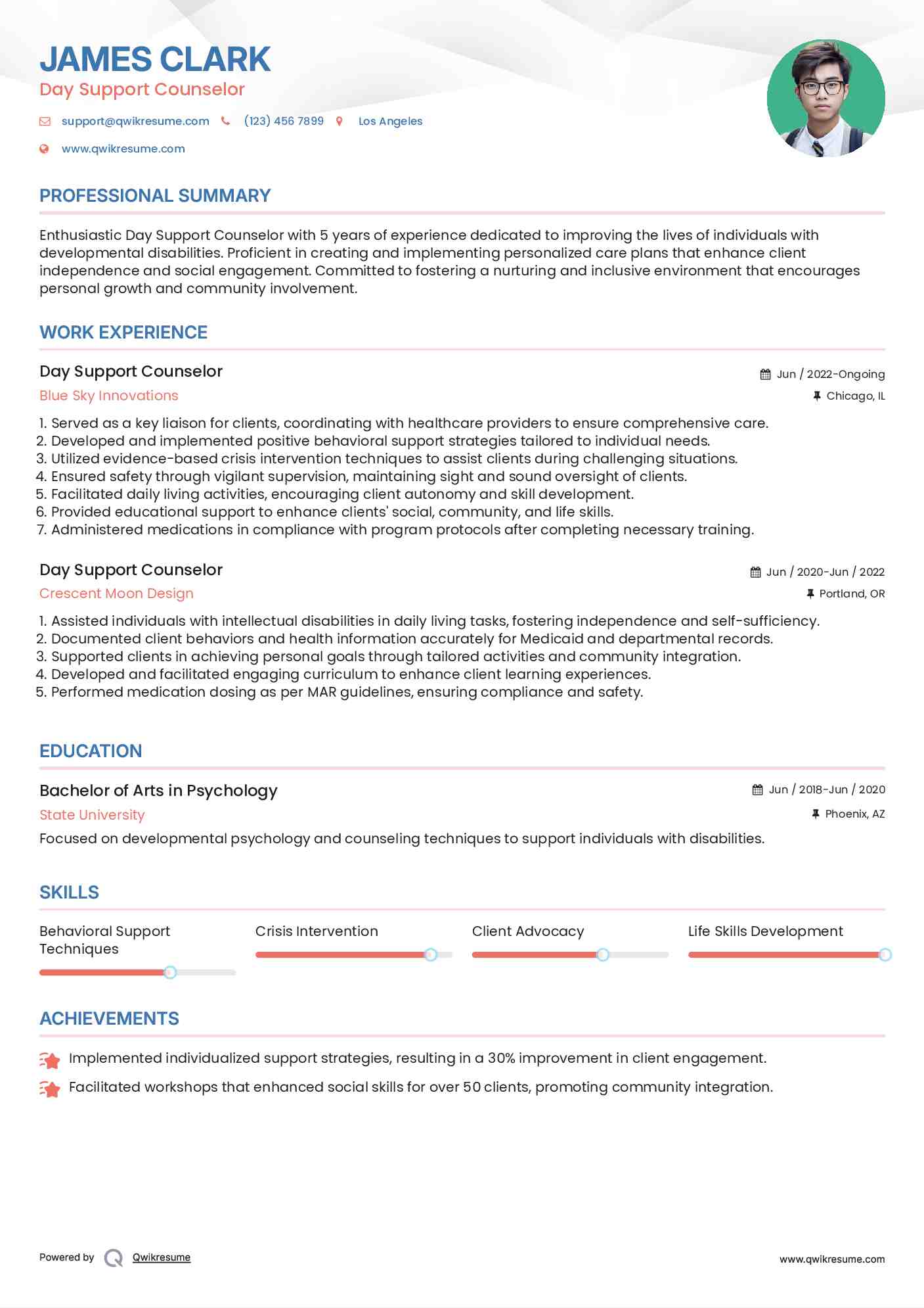 Day Support Counselor Resume Model