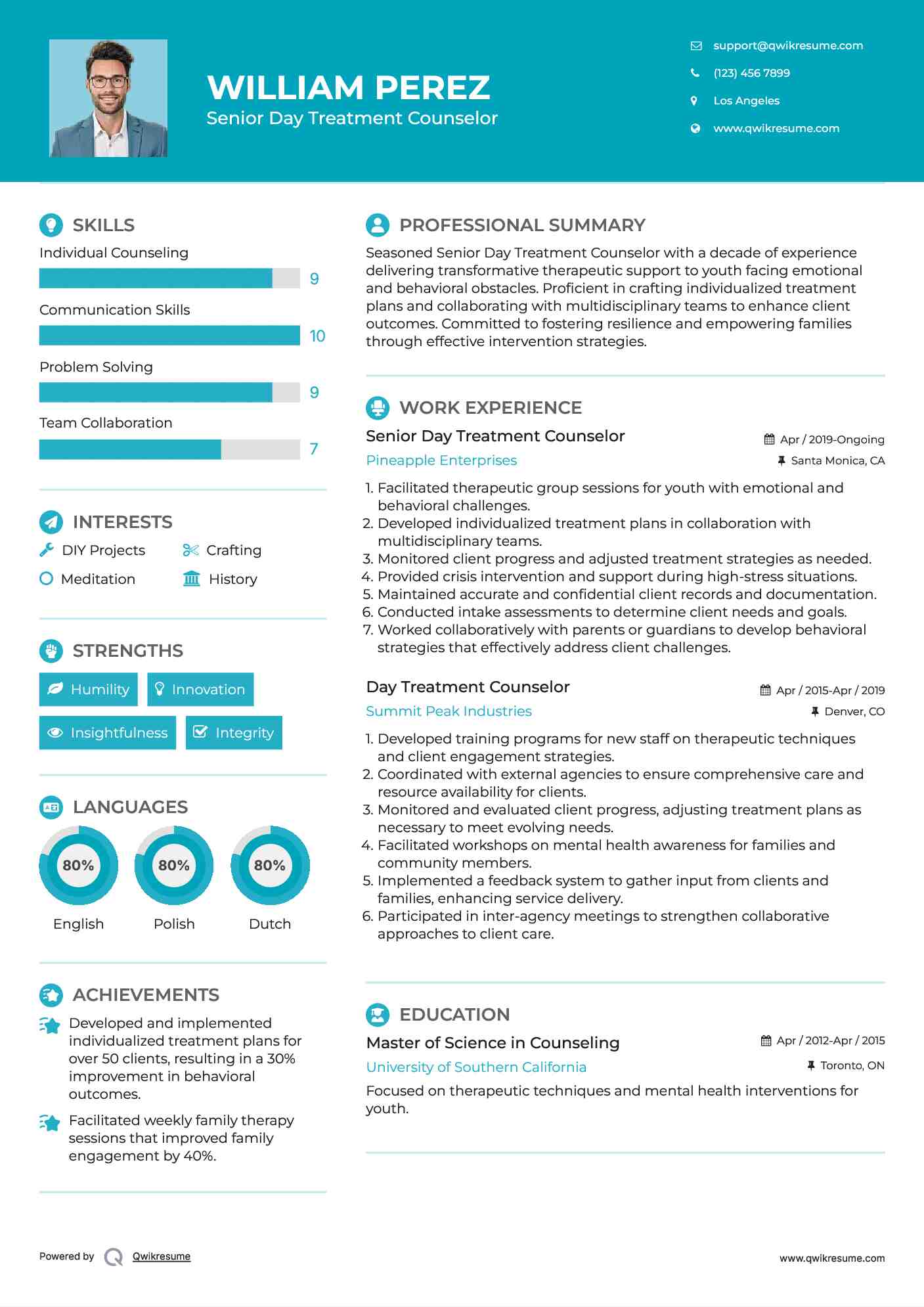 Senior Day Treatment Counselor Resume Sample