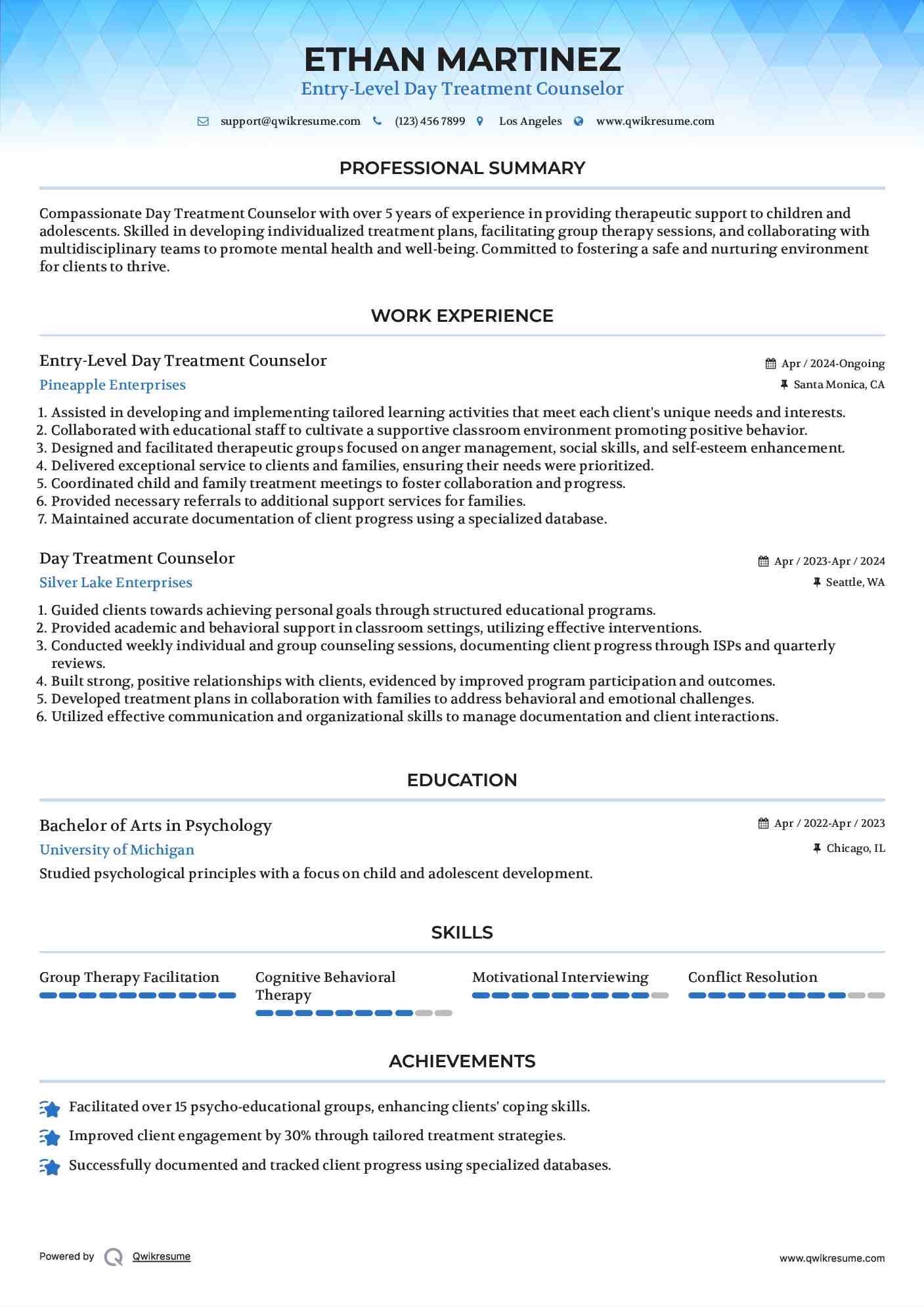 Entry-Level Day Treatment Counselor Resume Template