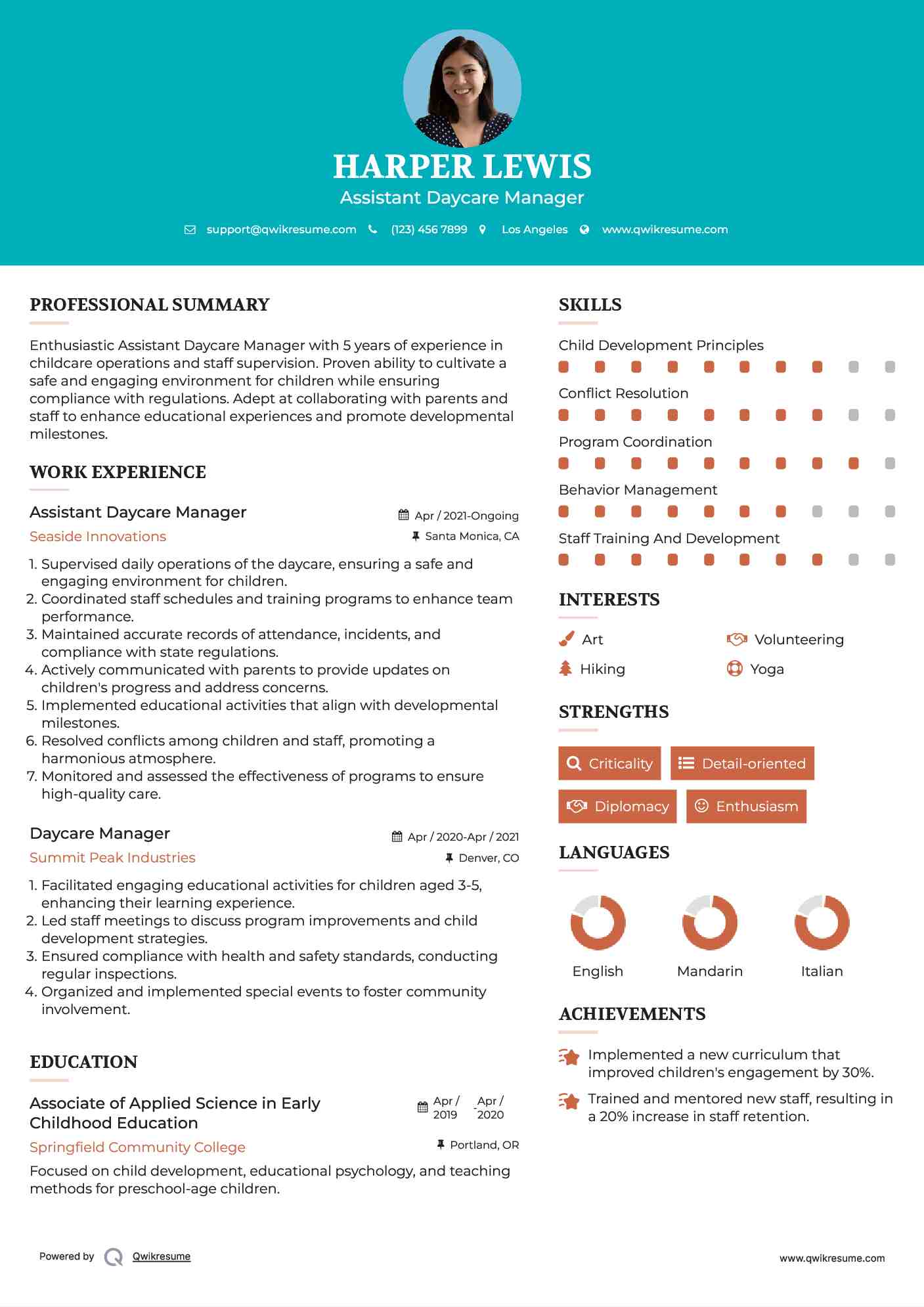 Assistant Daycare Manager Resume Format