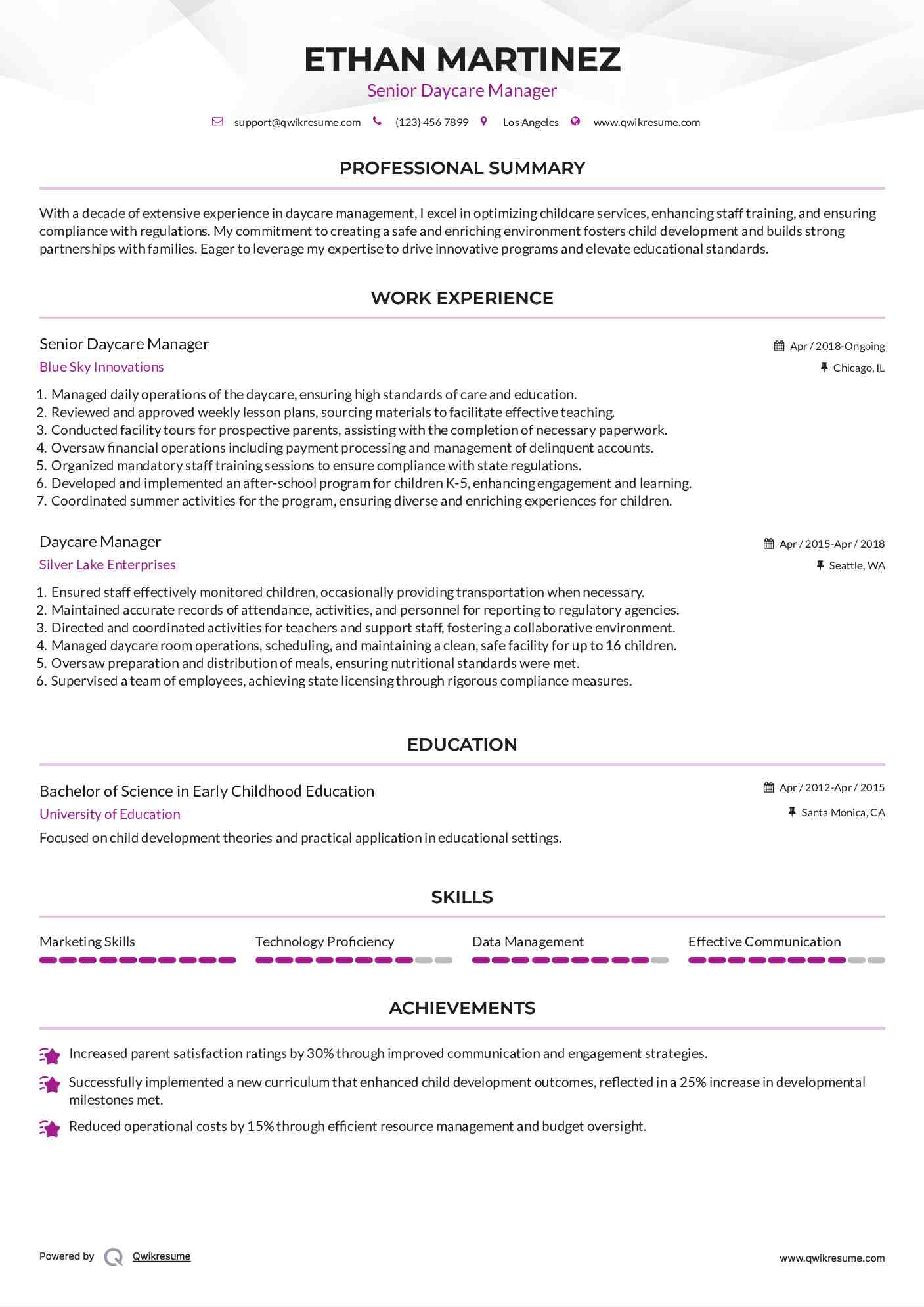 Senior Daycare Manager Resume Model