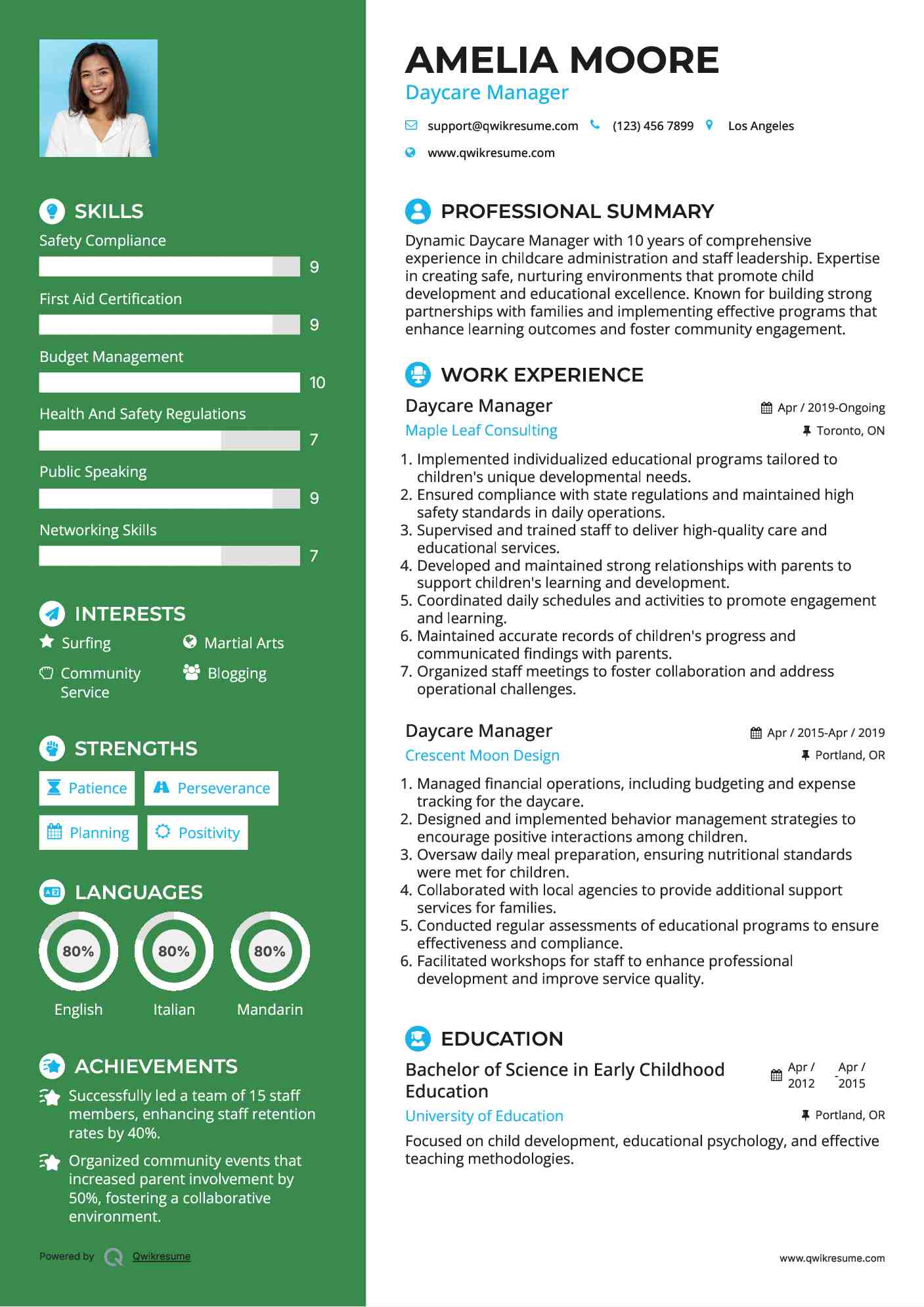 Daycare Manager Resume Example