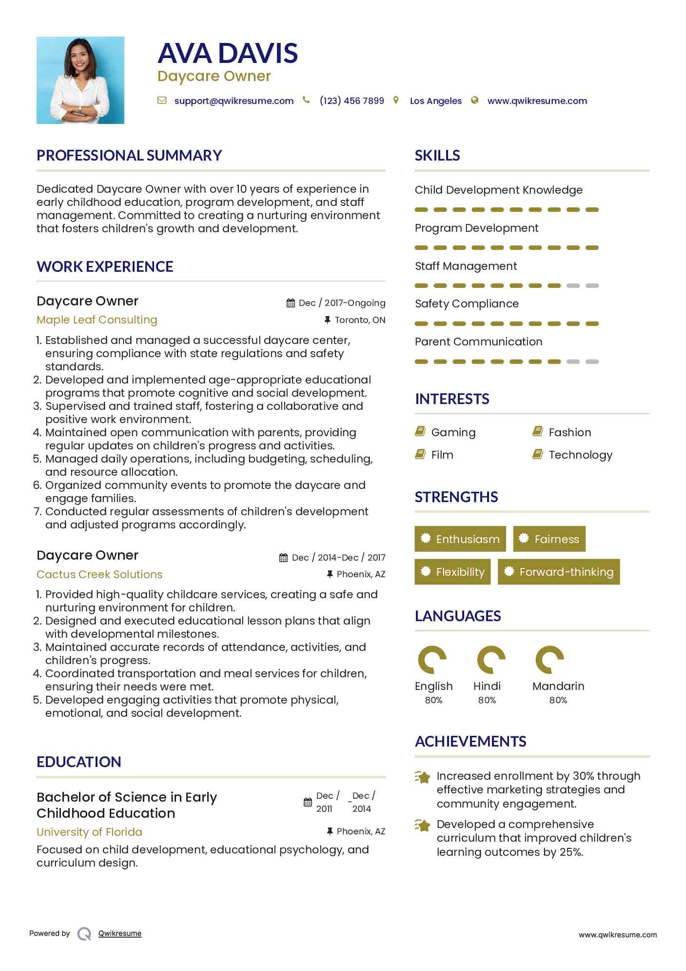 Daycare Owner Resume Sample