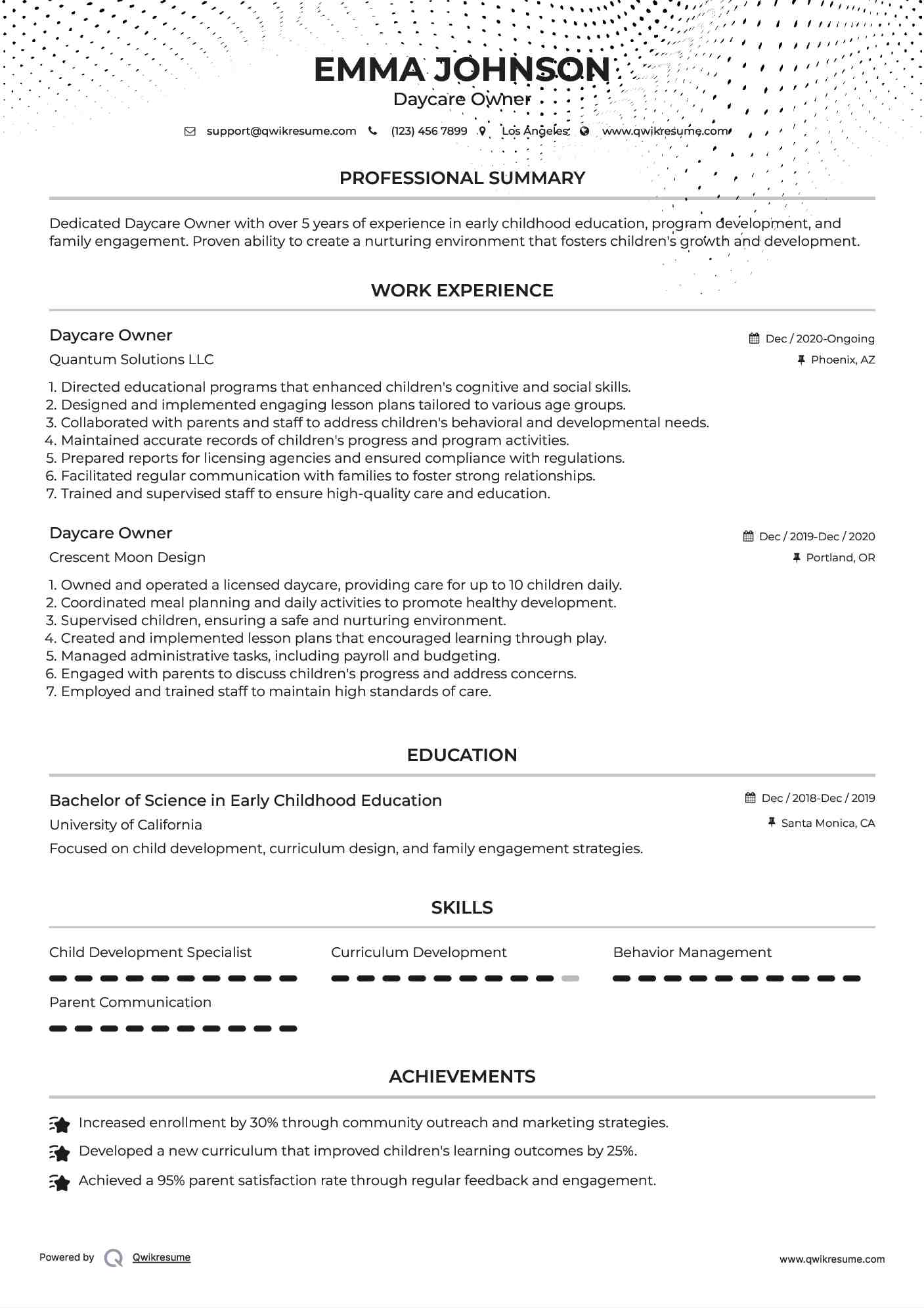 Daycare Owner Resume Format