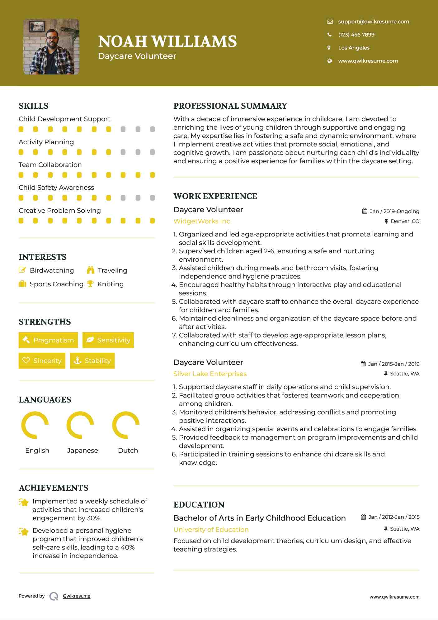 Daycare Volunteer Resume Example