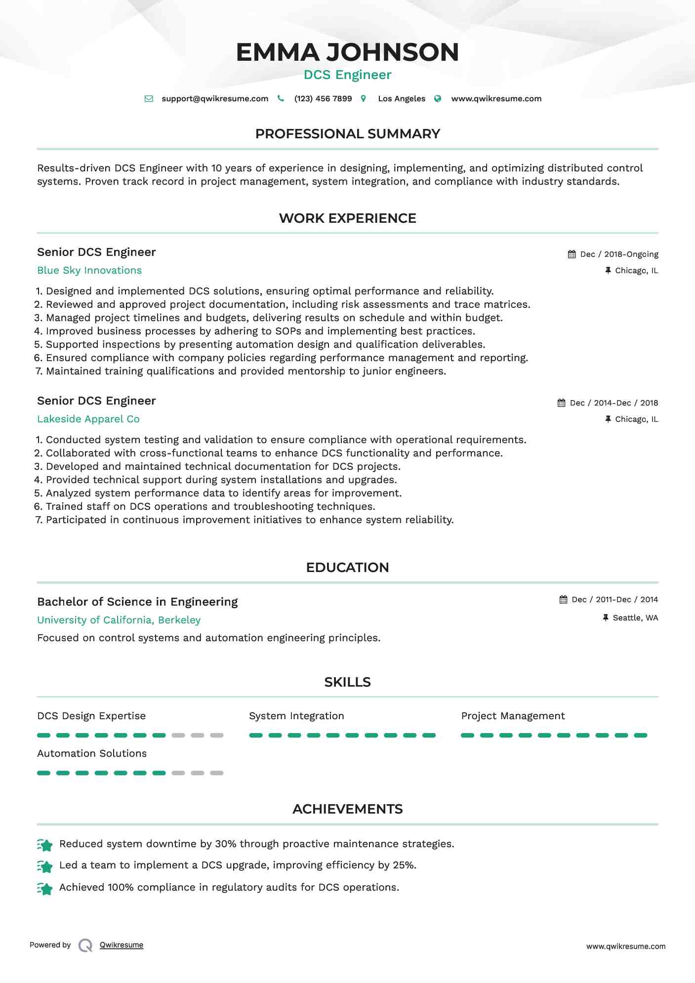 Senior DCS Engineer Resume Example
