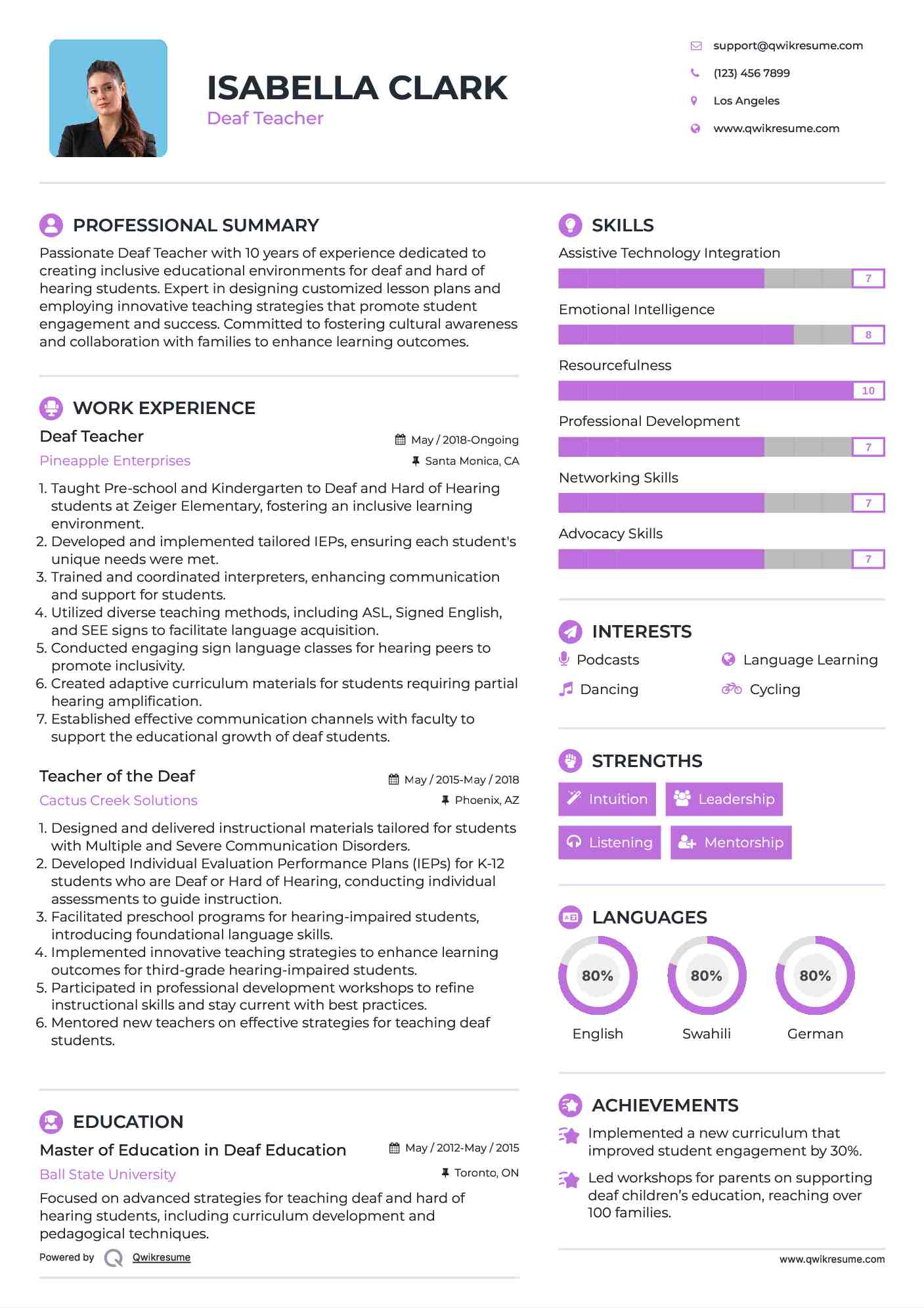 Deaf Teacher Resume Model