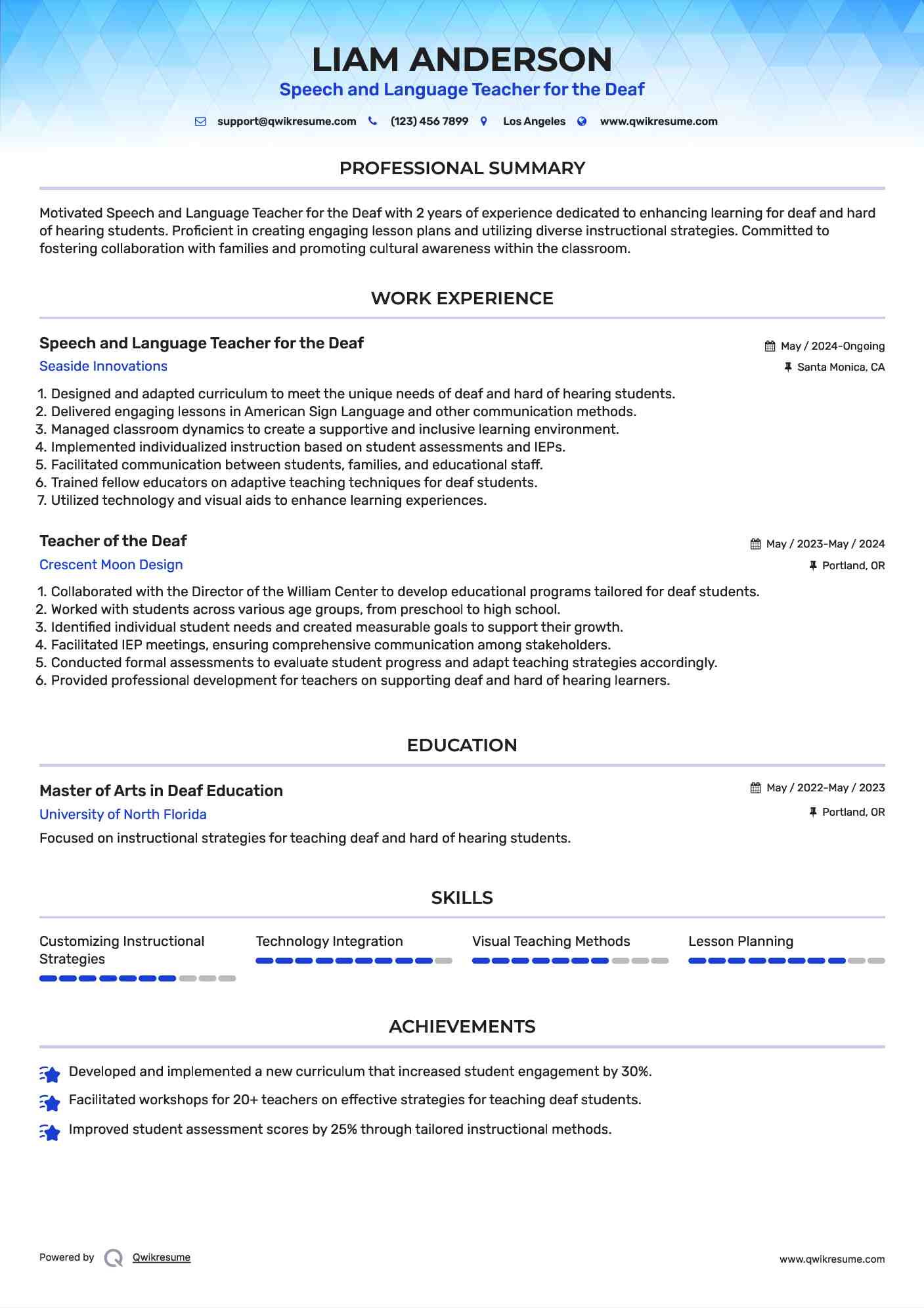 Speech and Language Teacher for the Deaf Resume Sample