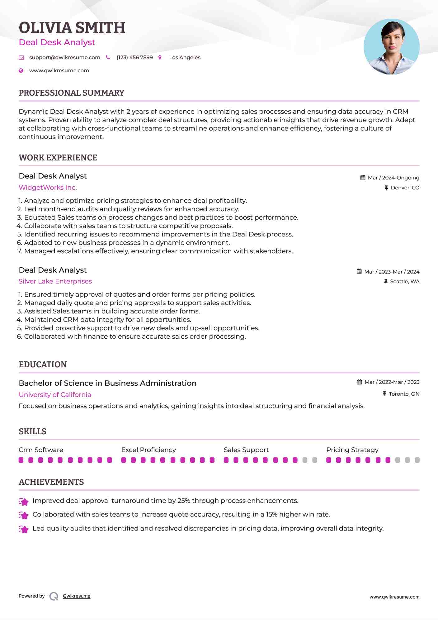Deal Desk Analyst Resume Example