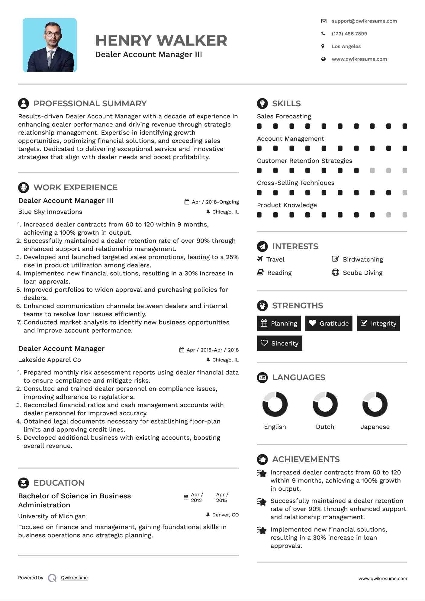 Dealer Account Manager III Resume Model