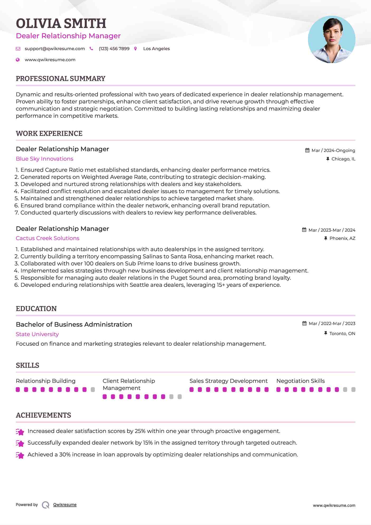 Dealer Relationship Manager Resume Example