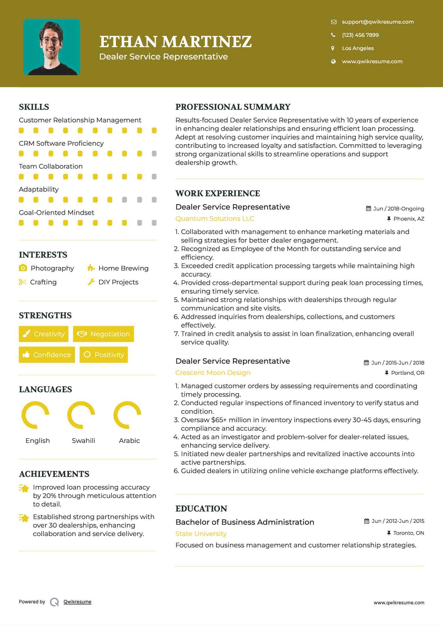 Dealer Service Representative Resume Sample