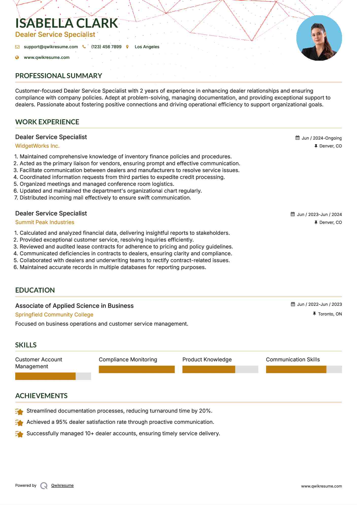 Dealer Service Specialist Resume Example