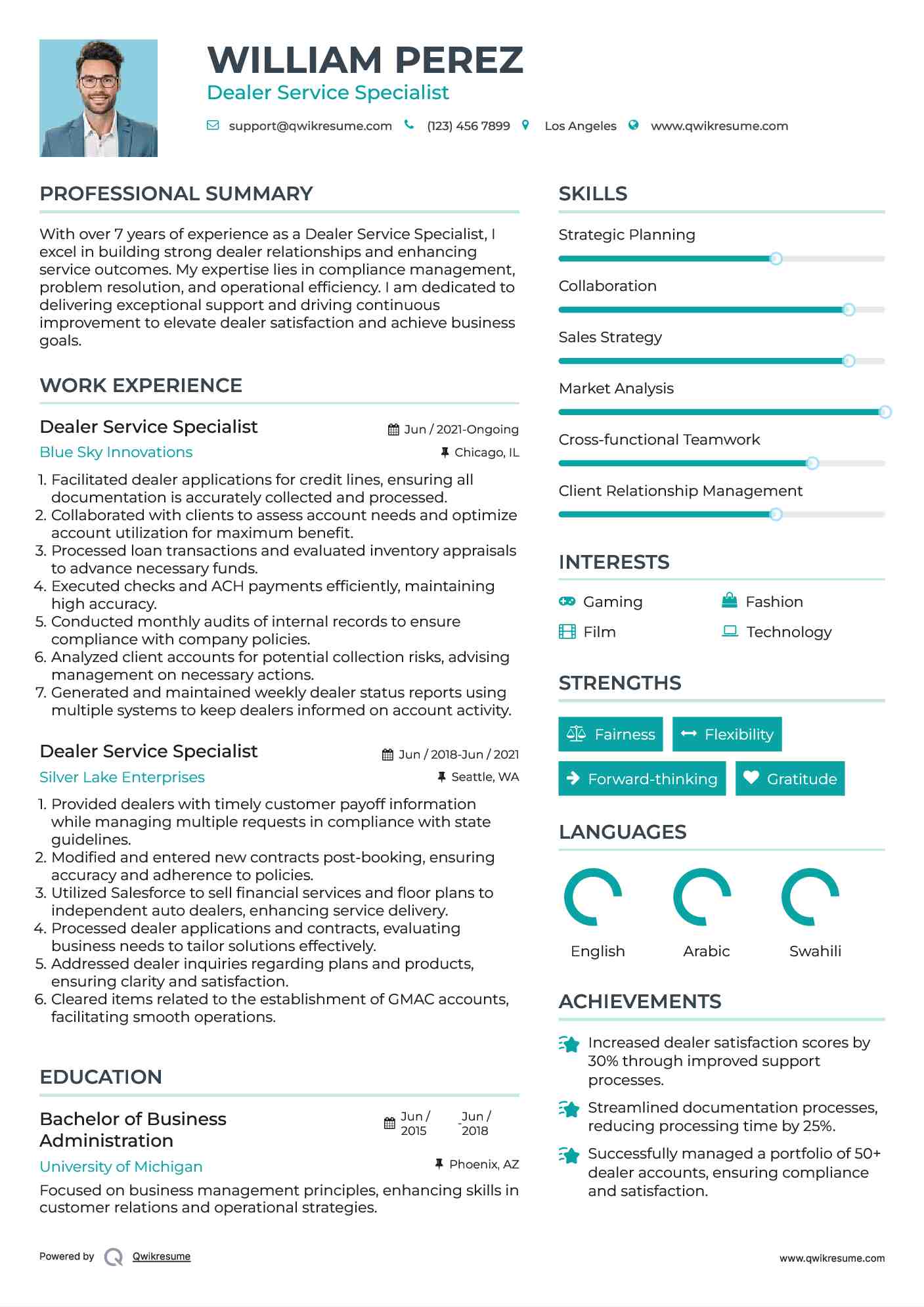 Dealer Service Specialist Resume Model