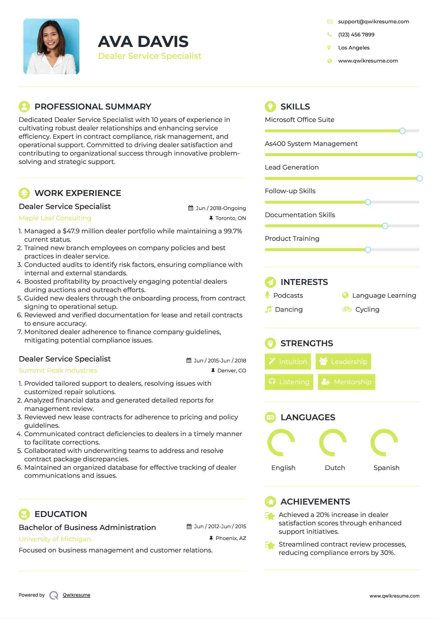Dealer Service Specialist Resume Template