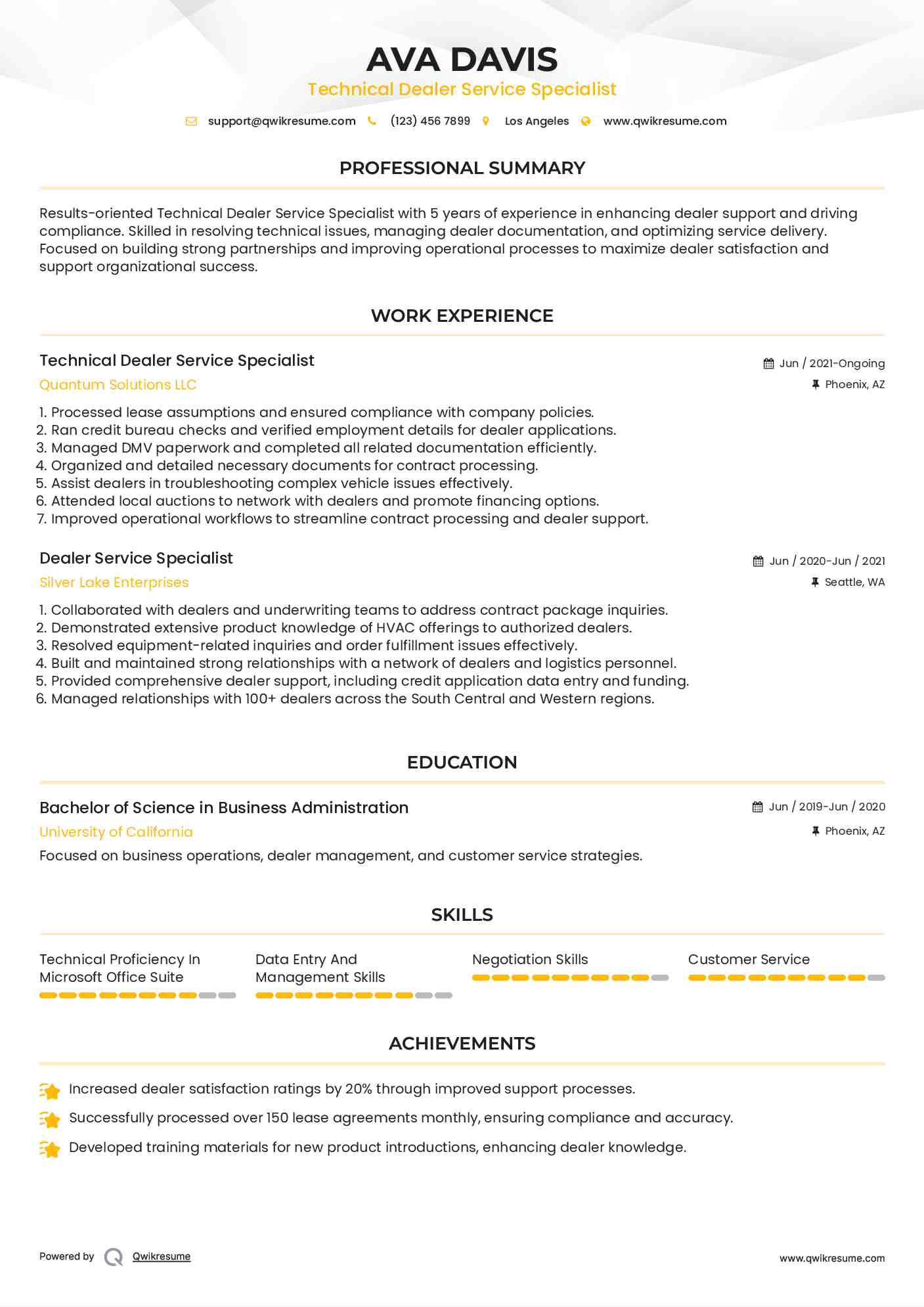 Technical Dealer Service Specialist Resume Template