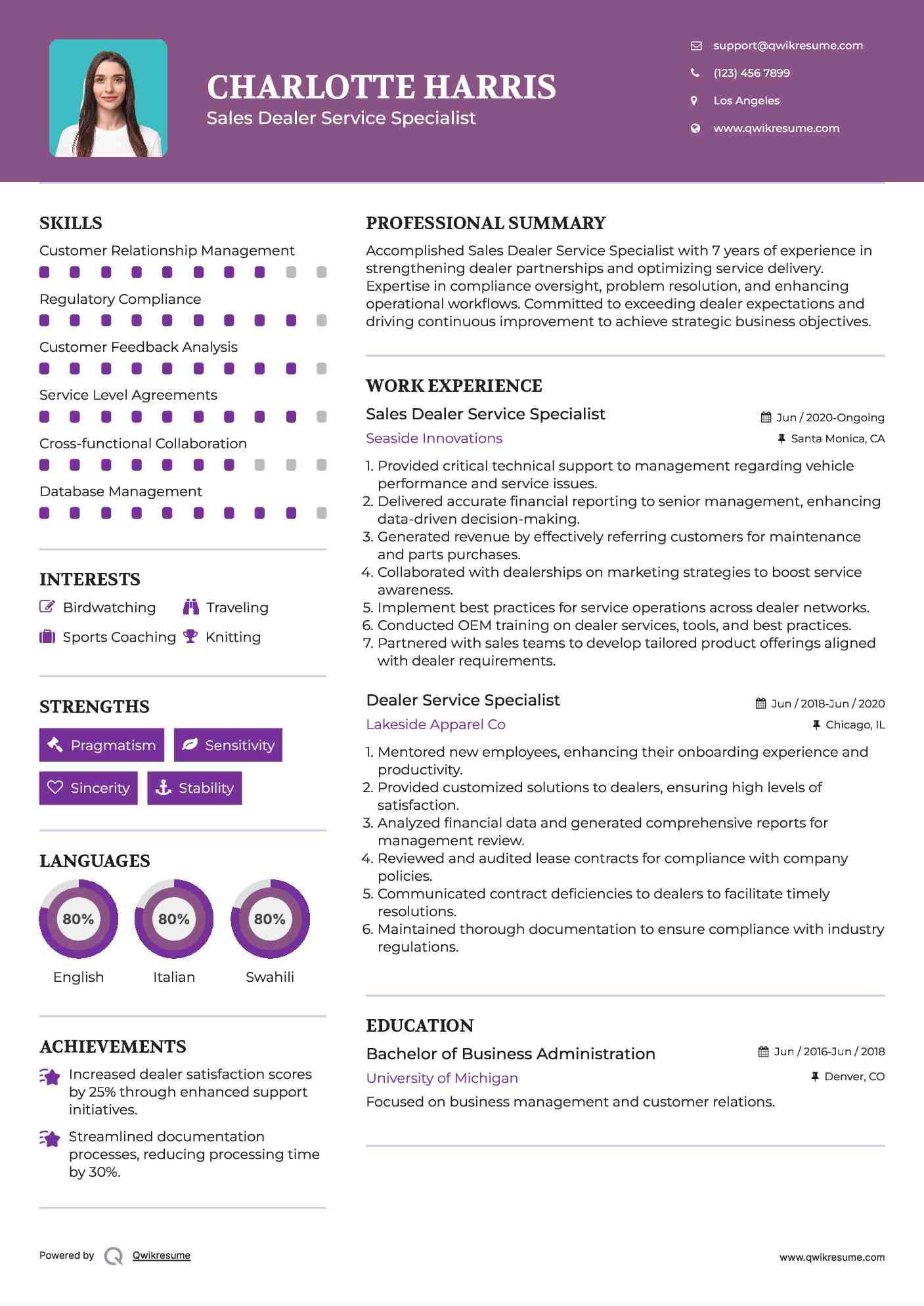 Sales Dealer Service Specialist Resume Format