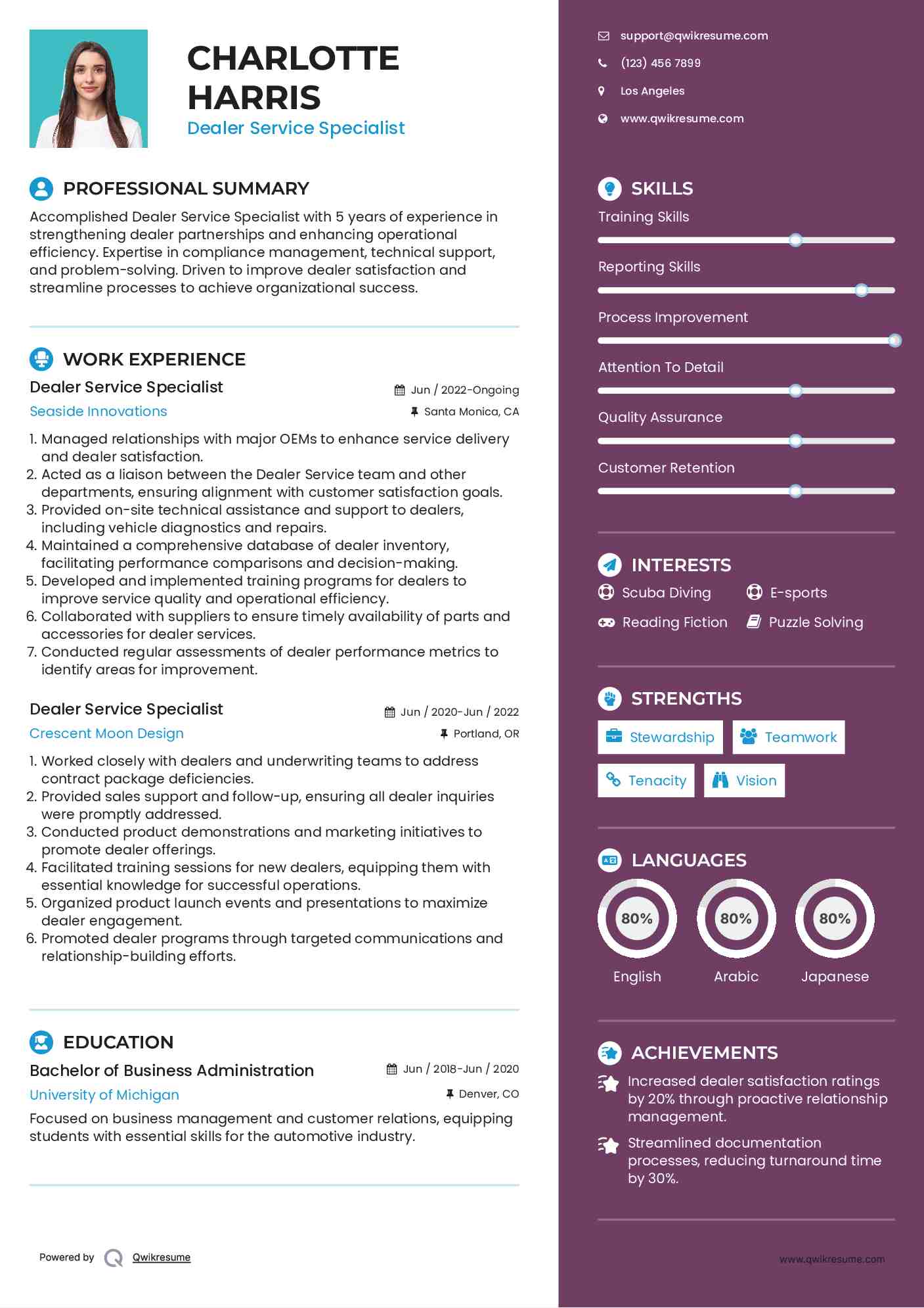 Dealer Service Specialist Resume Template