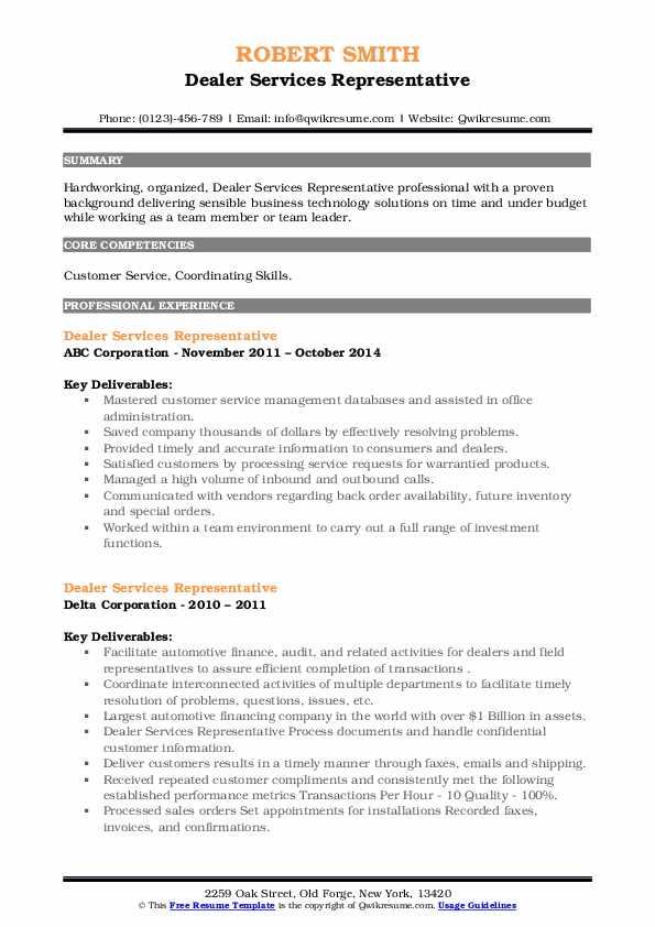 Dealer Services Representative Resume Samples QwikResume
