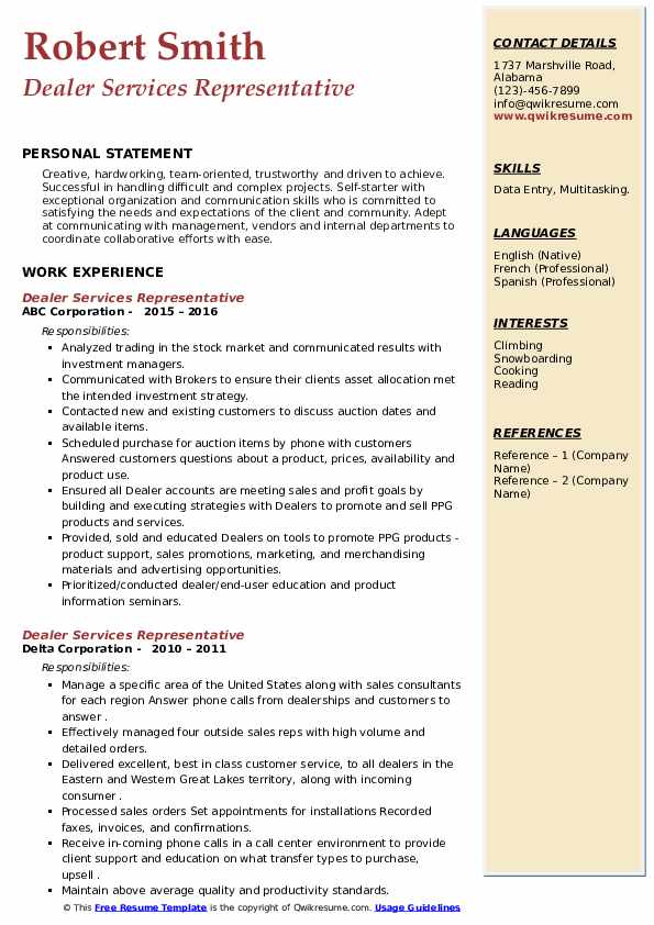 Dealer Services Representative Resume Samples QwikResume