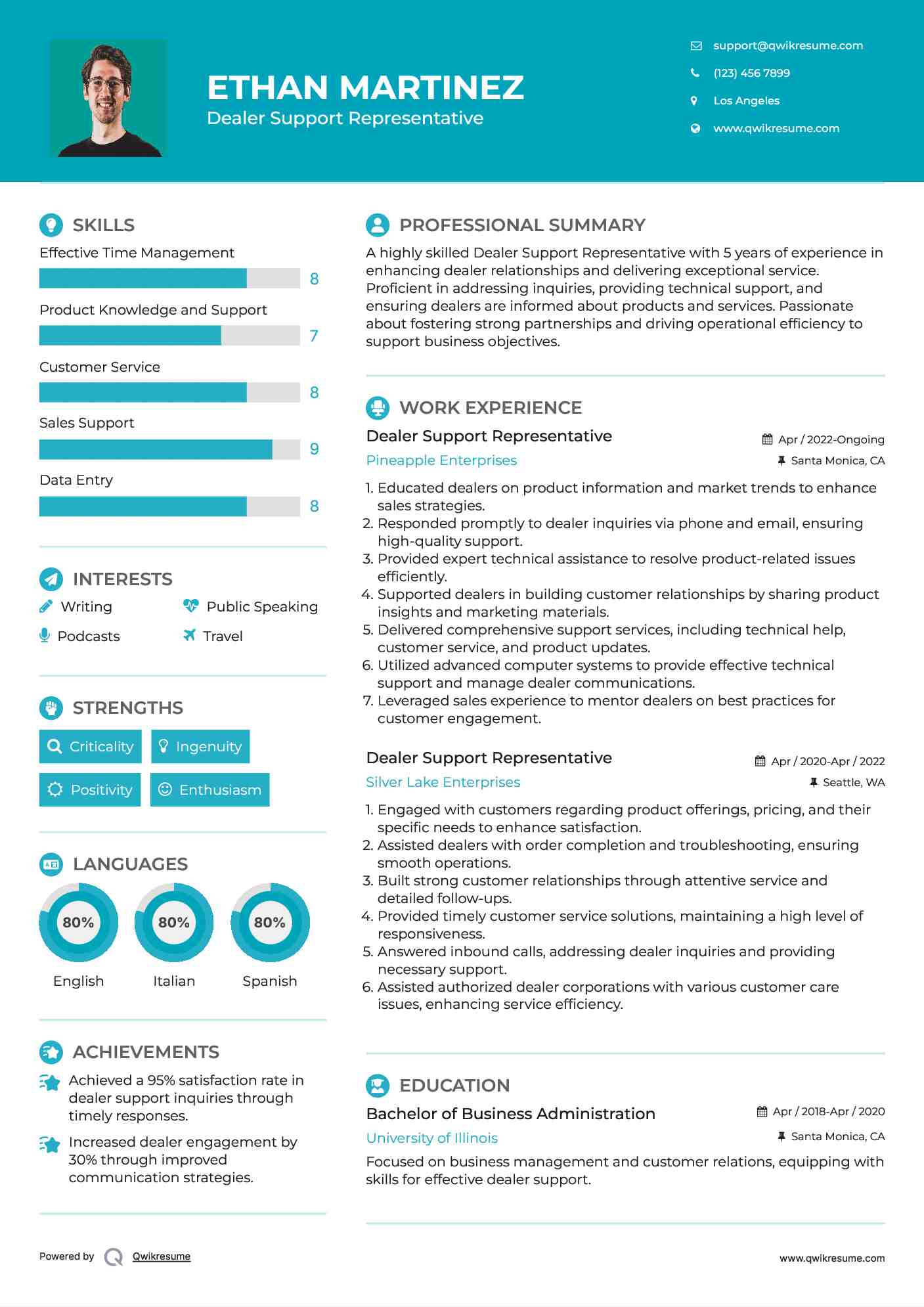 Dealer Support Representative Resume Sample