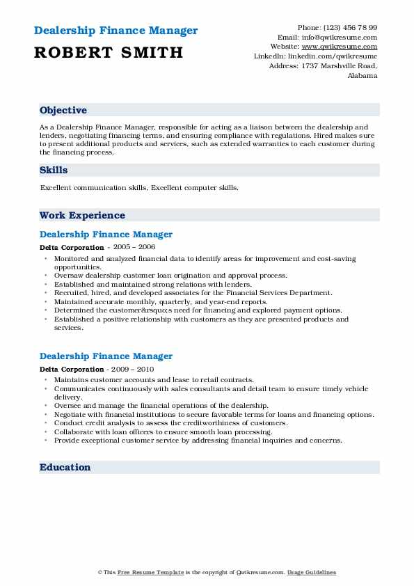 Dealership Finance Manager Resume Samples QwikResume