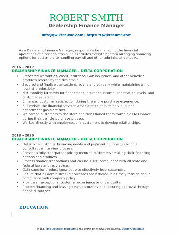 Dealership Finance Manager Resume Samples QwikResume