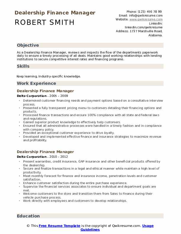 Dealership Finance Manager Resume Samples QwikResume