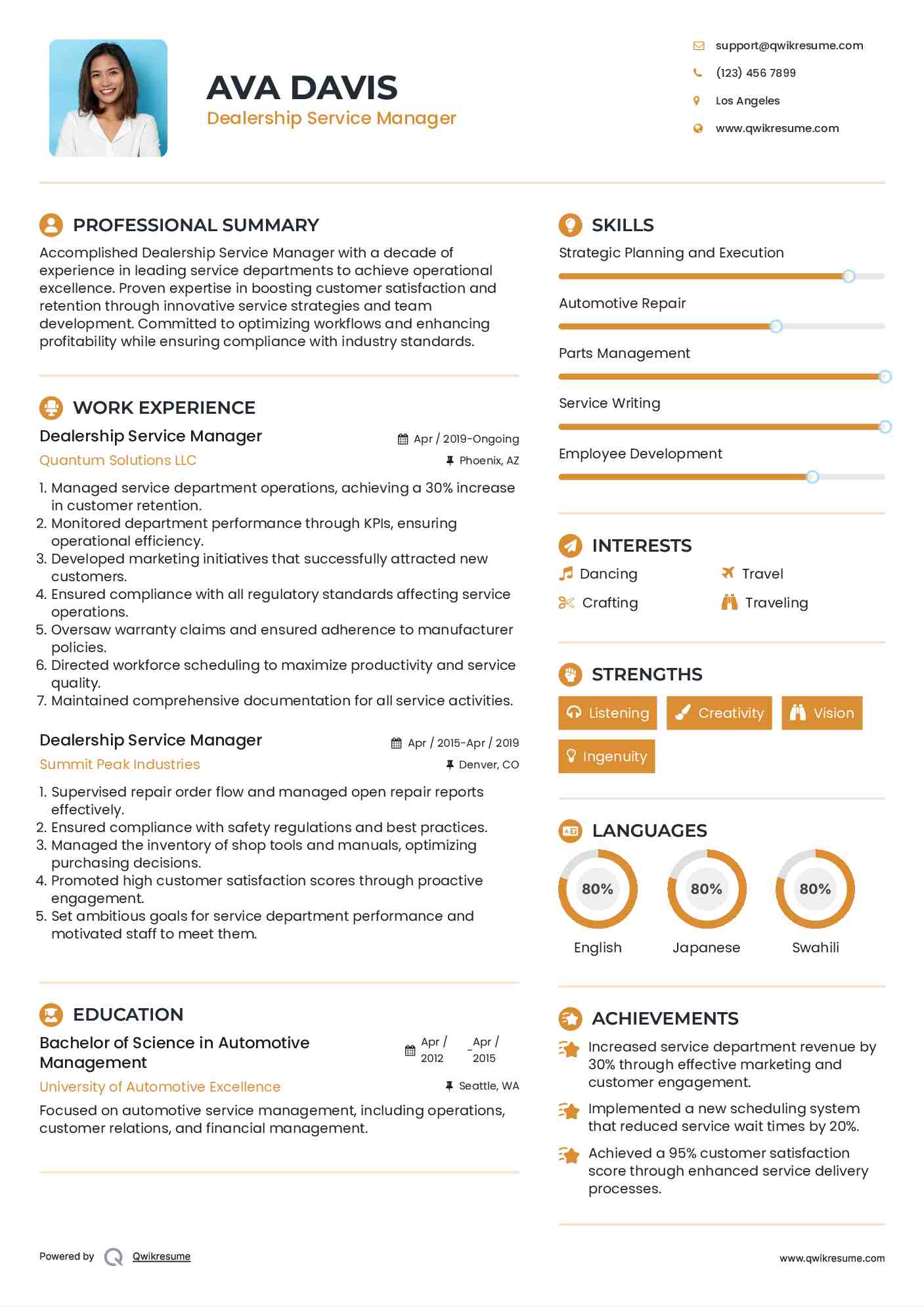 Dealership Service Manager Resume Sample