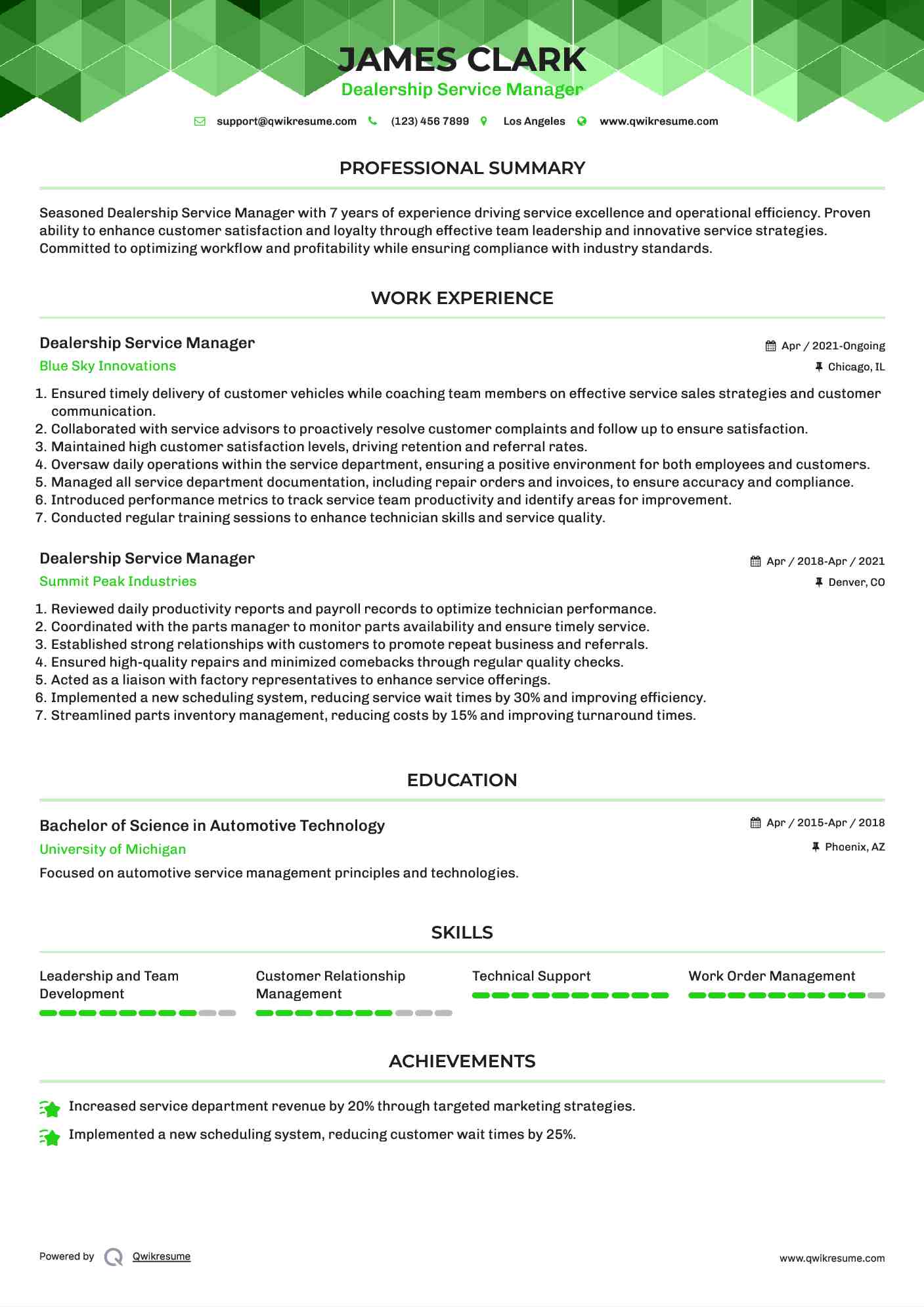 Dealership Service Manager Resume Example