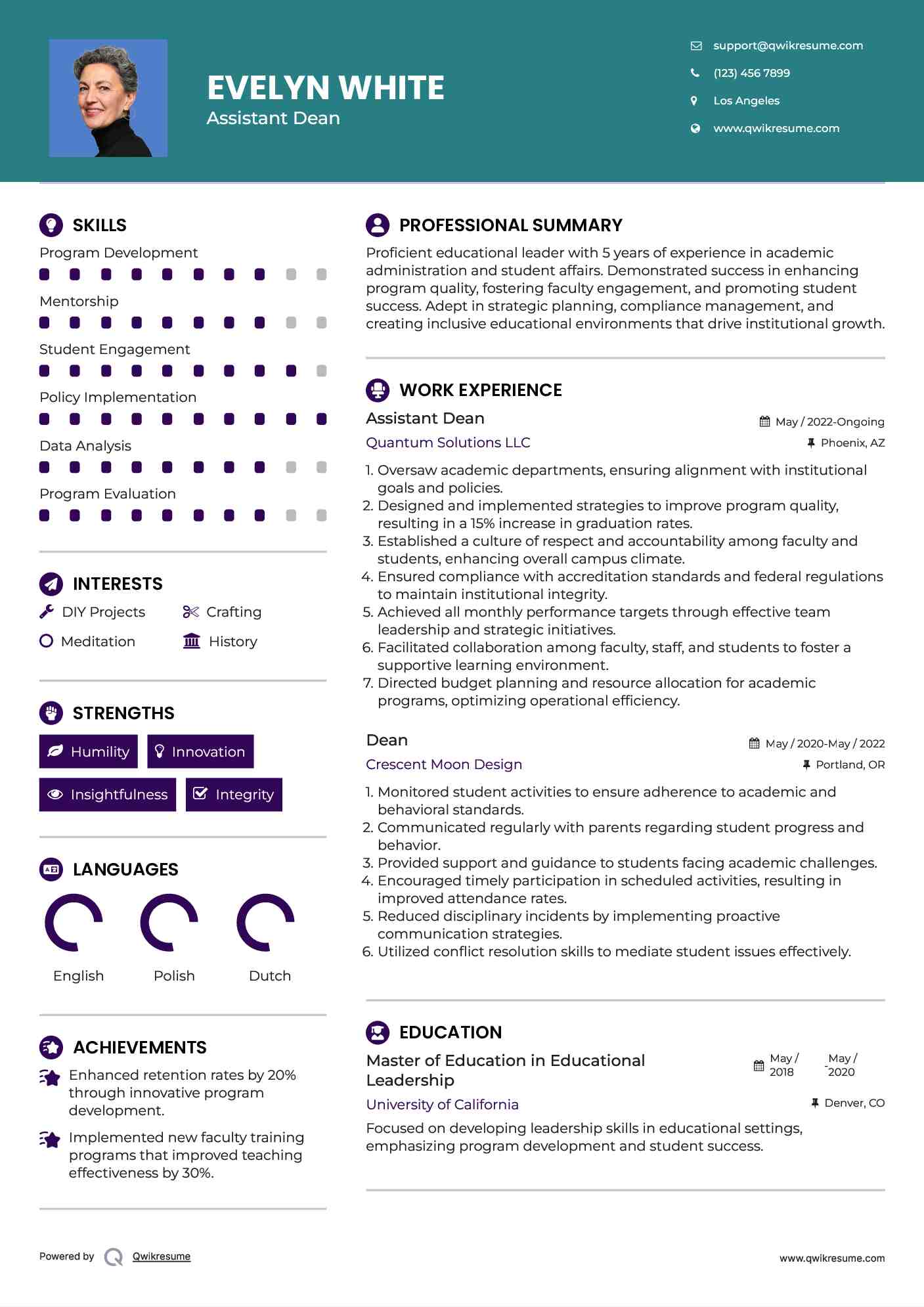 Assistant Dean Resume Sample
