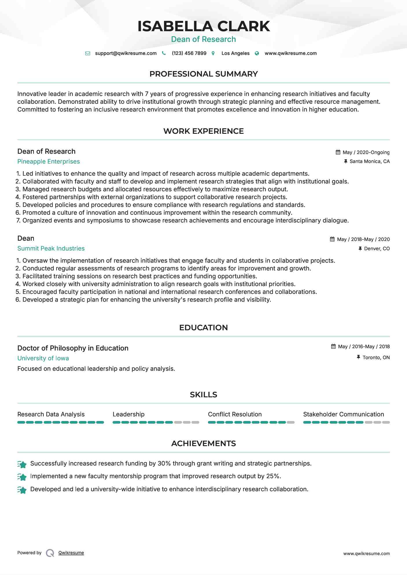 Dean of Research Resume Template