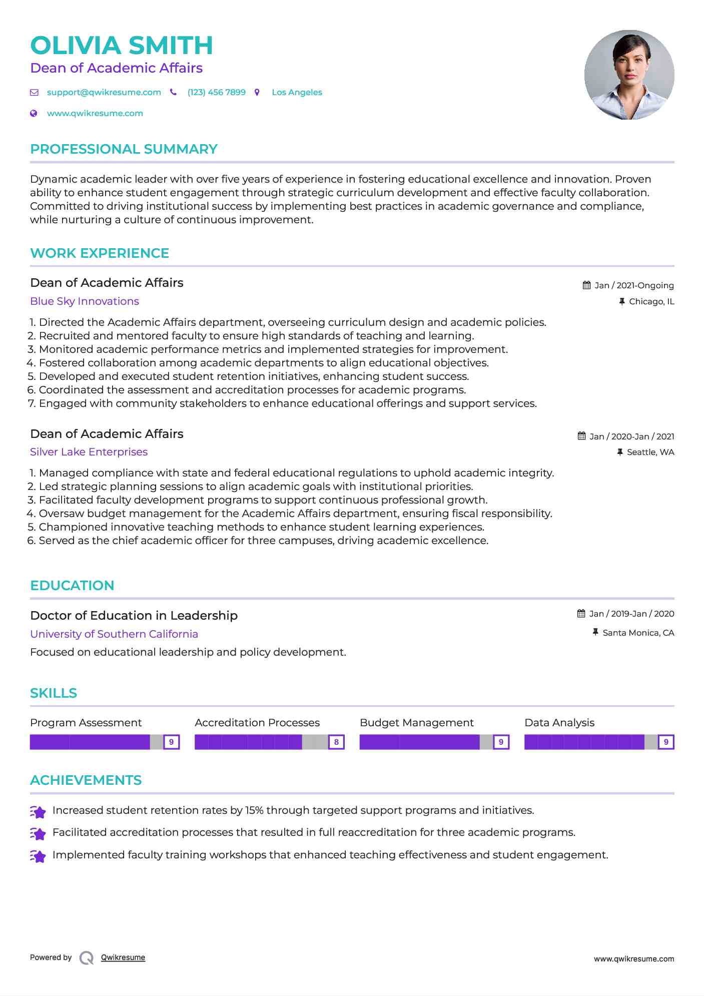 Dean of Academic Affairs Resume Example