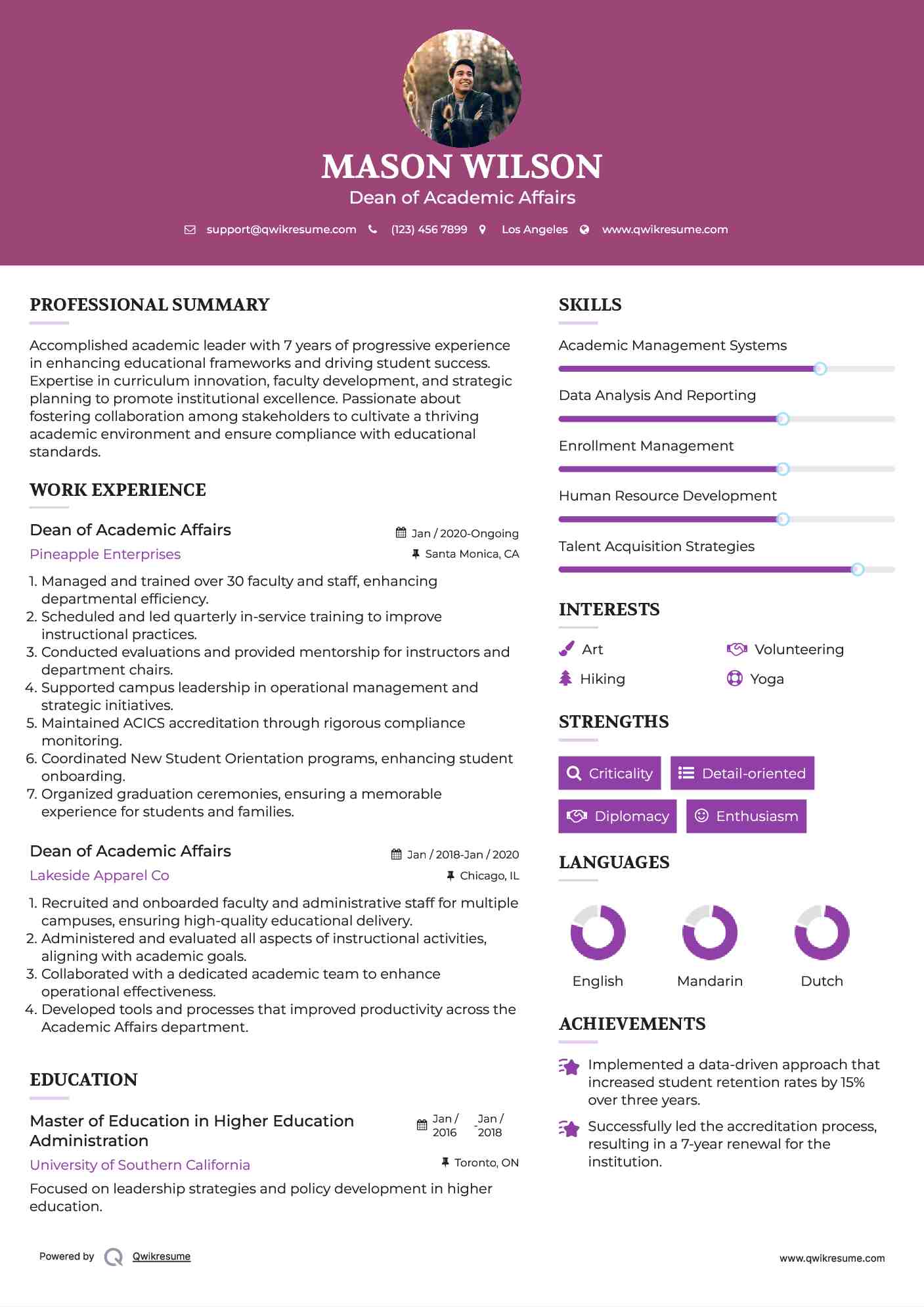 Dean of Academic Affairs Resume Template
