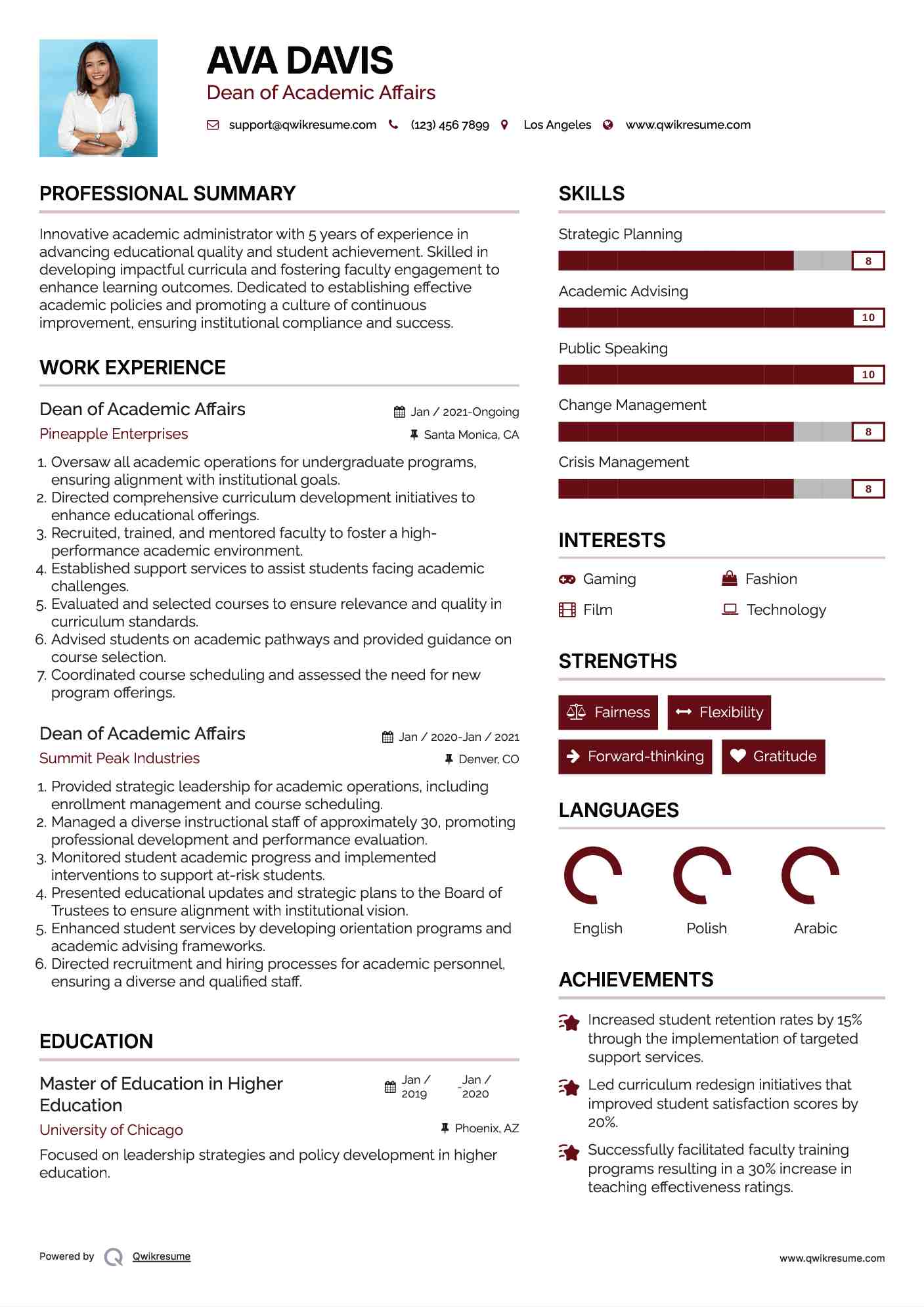 Dean of Academic Affairs Resume Format