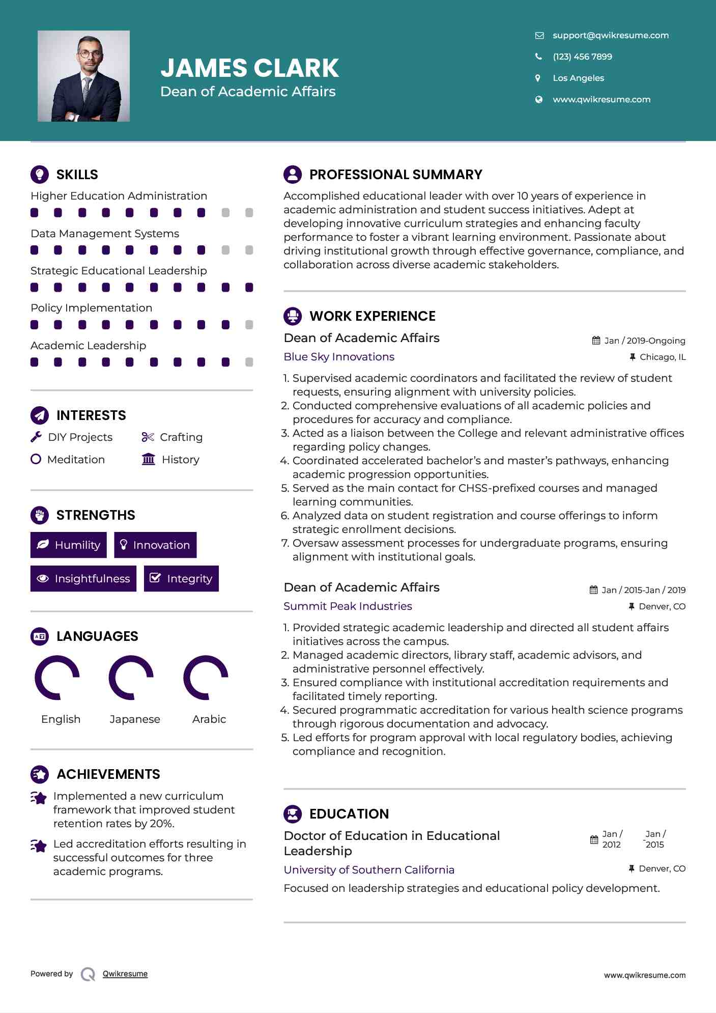 Dean of Academic Affairs Resume Model