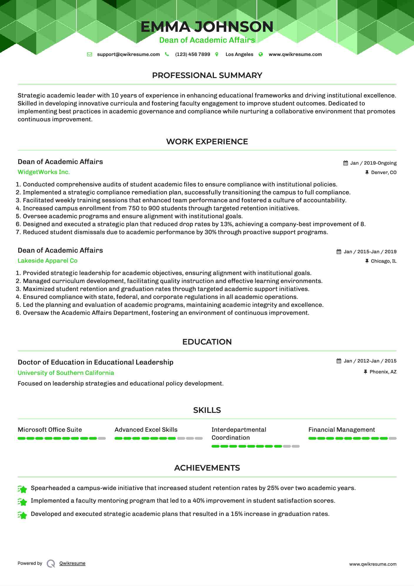 Dean of Academic Affairs Resume Format