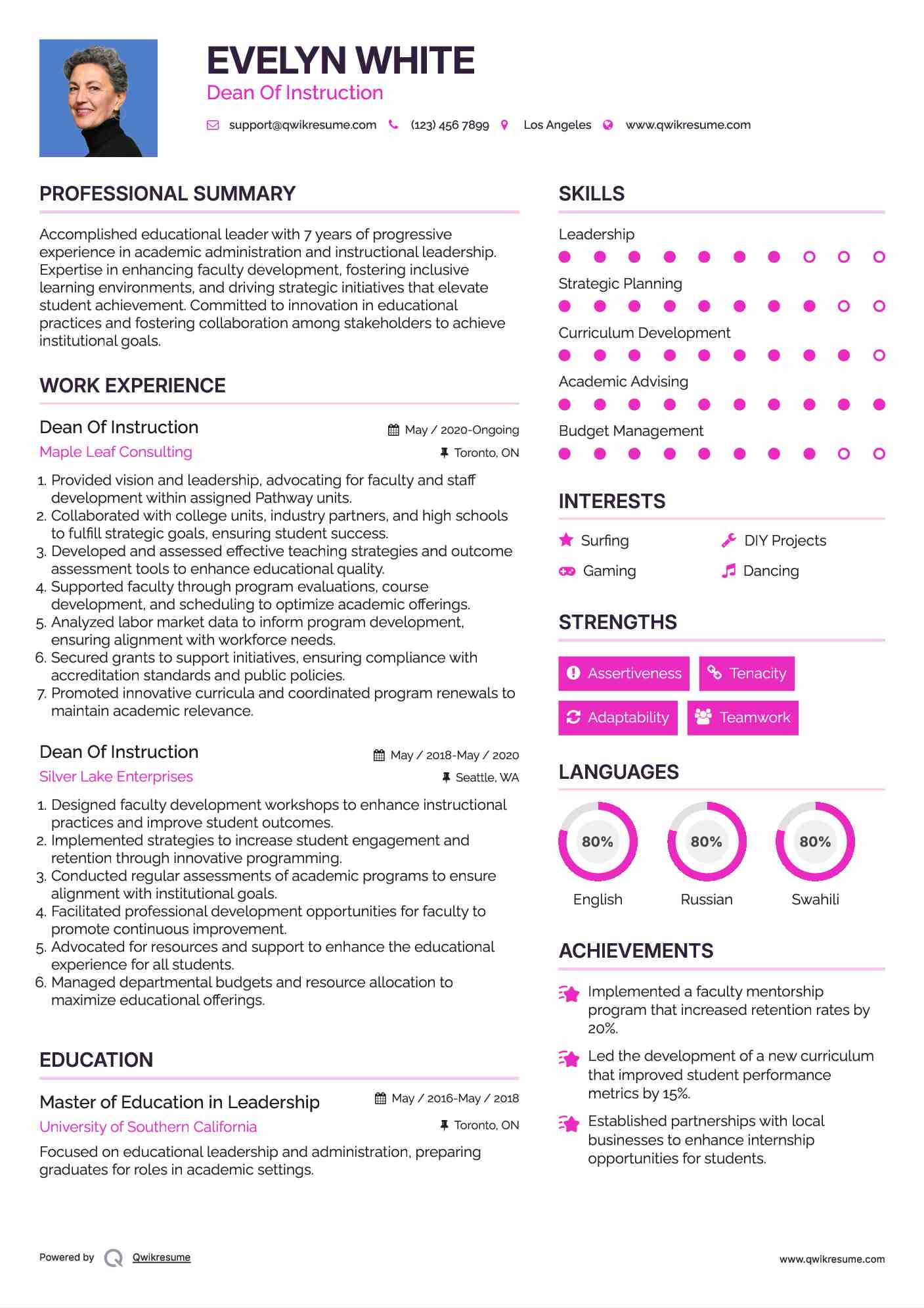 Dean Of Instruction Resume Sample