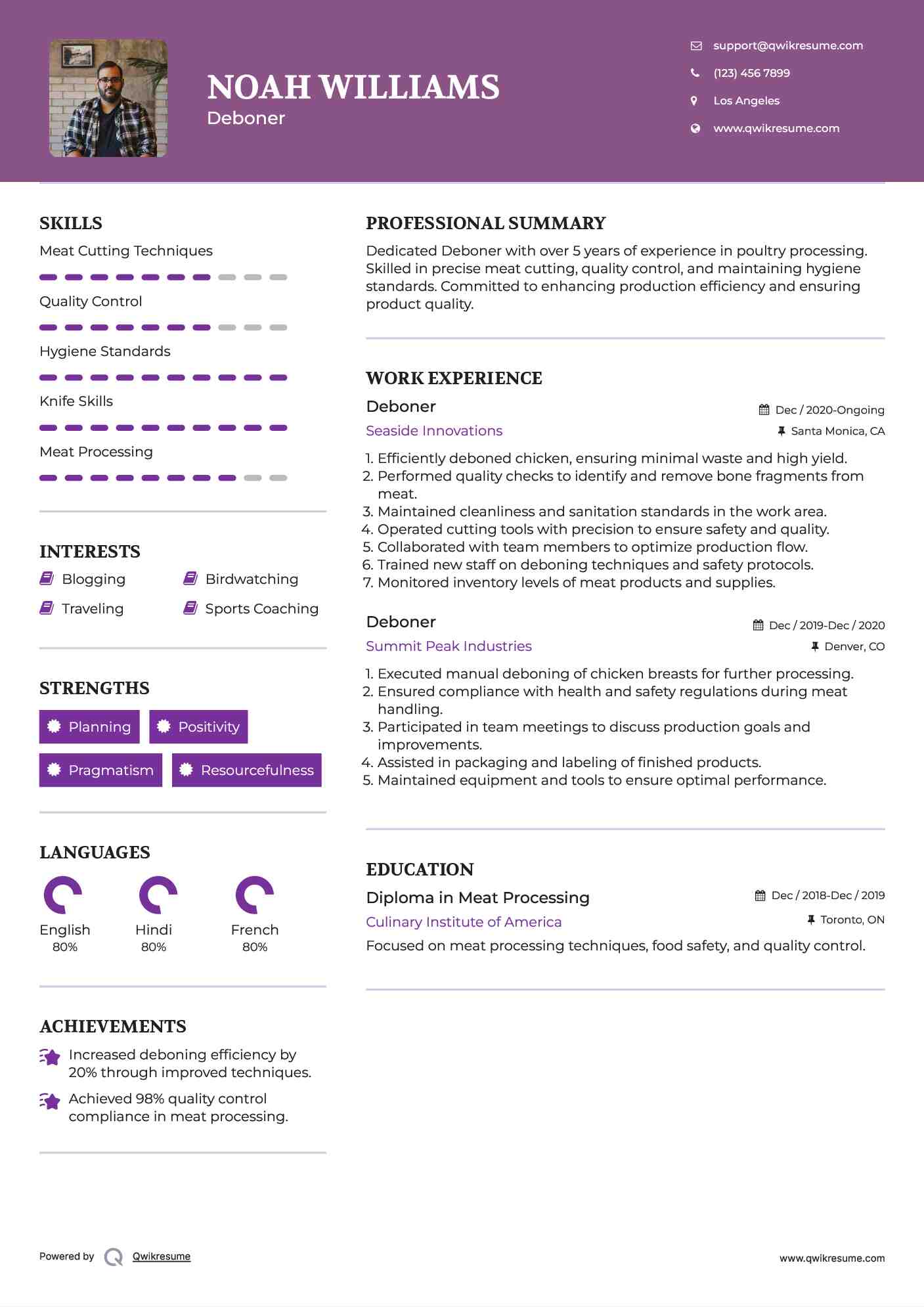 Deboner Resume Example