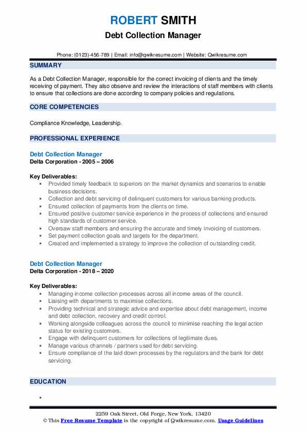 Debt Collection Manager Resume Samples QwikResume