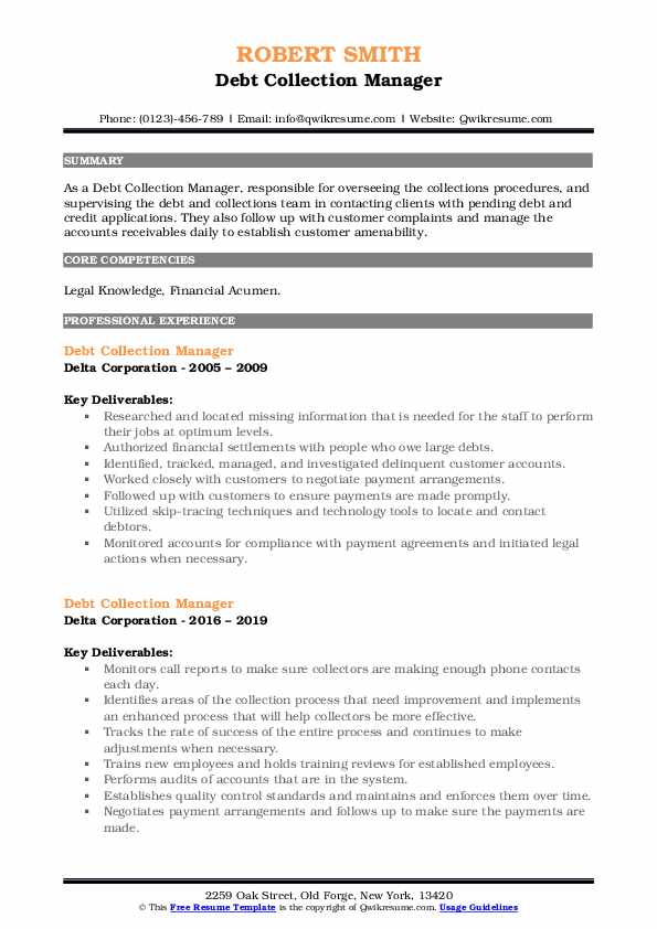 Debt Collection Manager Resume Samples QwikResume