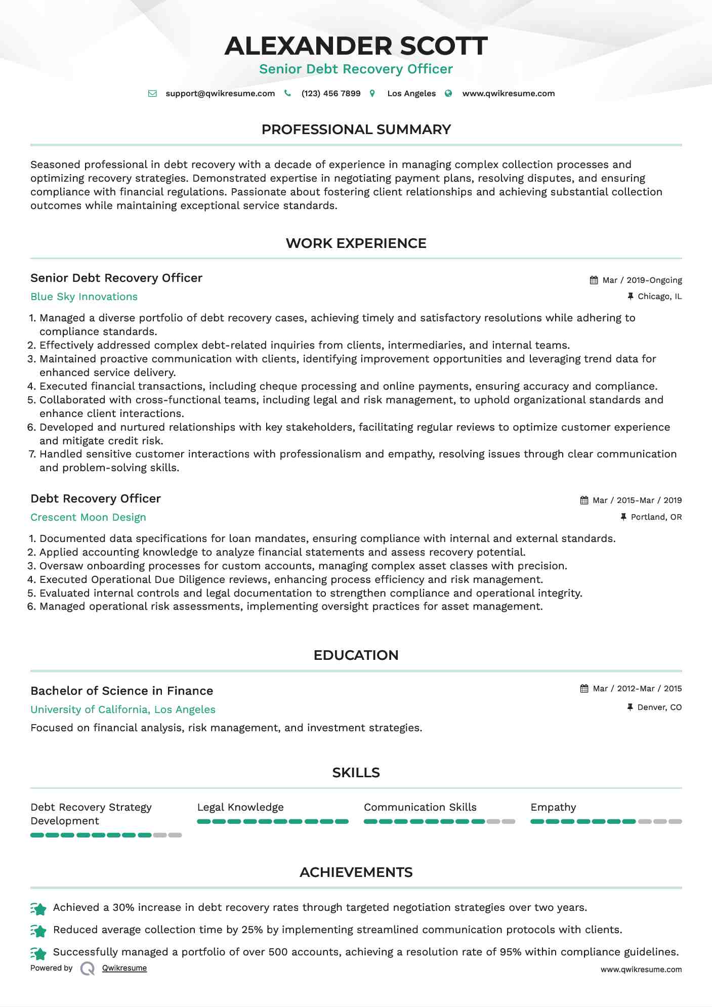 Senior Debt Recovery Officer Resume Format